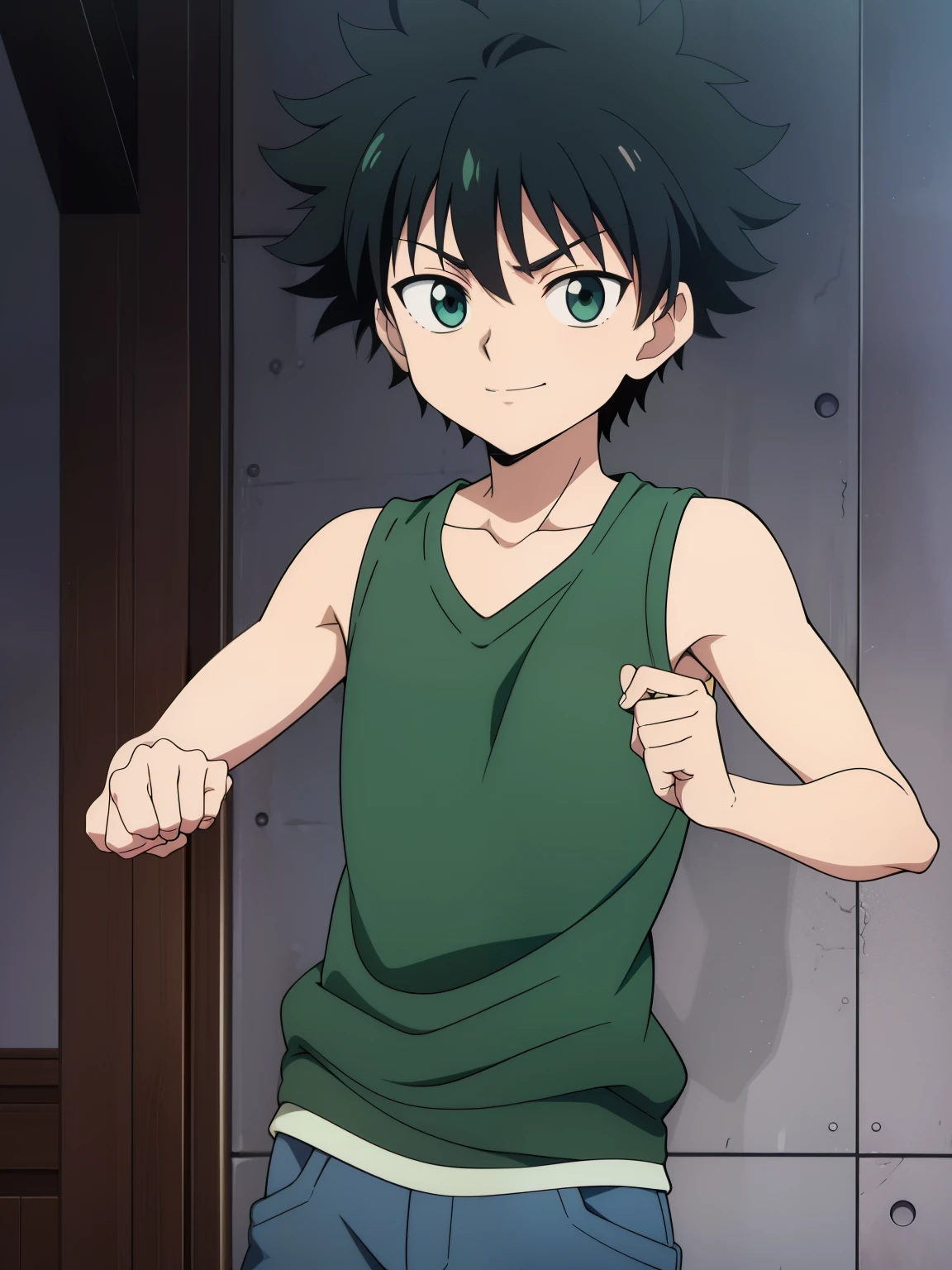 (high-quality, breathtaking),(expressive eyes, perfect face) 1boy, male, solo, Hunter x Hunter, Symmetrical Eyes, simple background, calm smile, short hair, fluffy hair, killua, KilluaZoldyck, cowboy shot, medium full shot, dark black hair, green eyes, denim jacket, open jacket, green tank top, short height, kid age, neutral expression,
