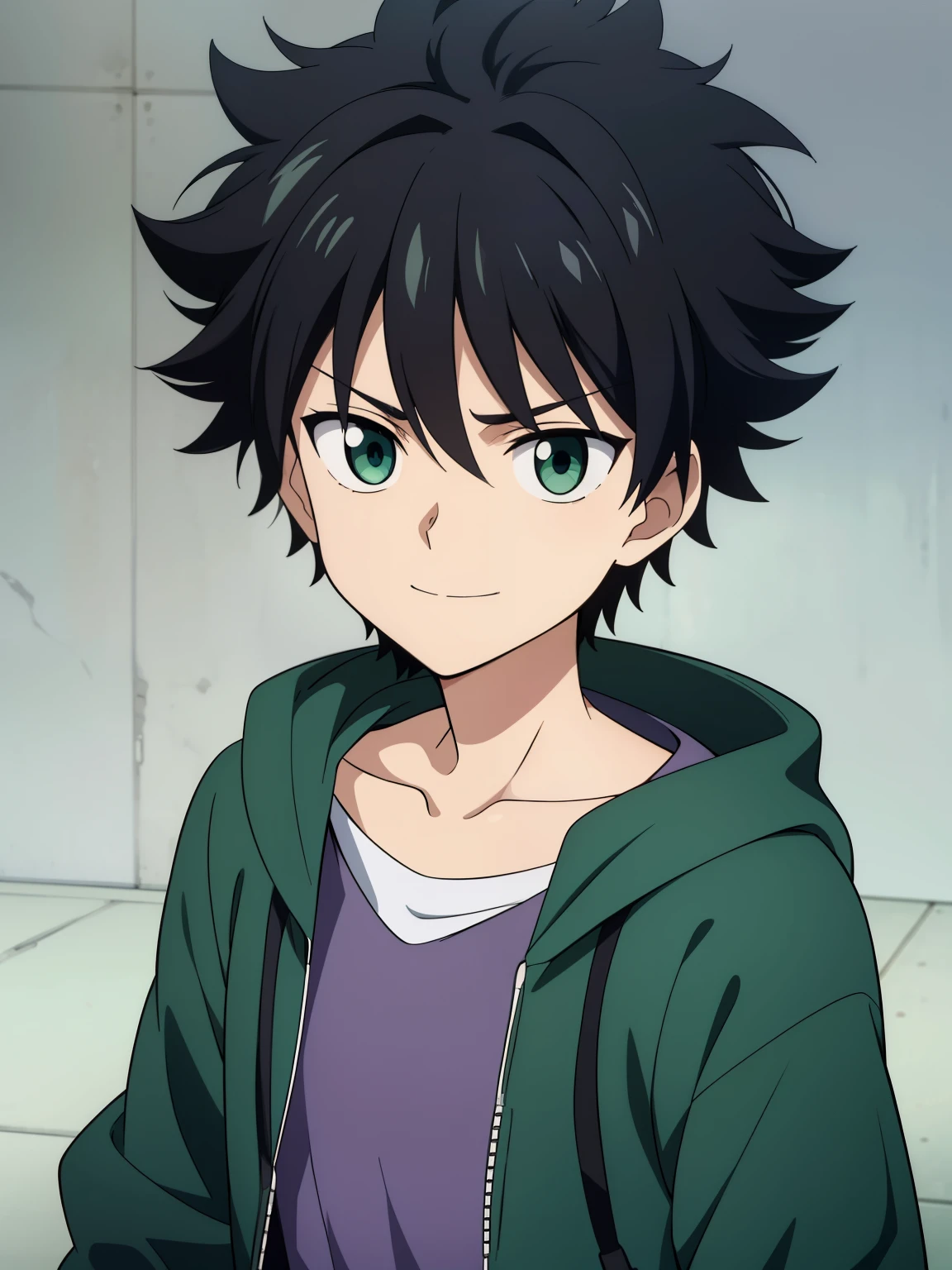 (high-quality, breathtaking),(expressive eyes, perfect face) 1boy, male, solo, Hunter x Hunter, Symmetrical Eyes, simple background, calm smile, short hair, fluffy hair, killua, KilluaZoldyck, cowboy shot, medium full shot, dark black hair, green eyes, denim jacket, open jacket, green tank top, short height, , neutral expression,
