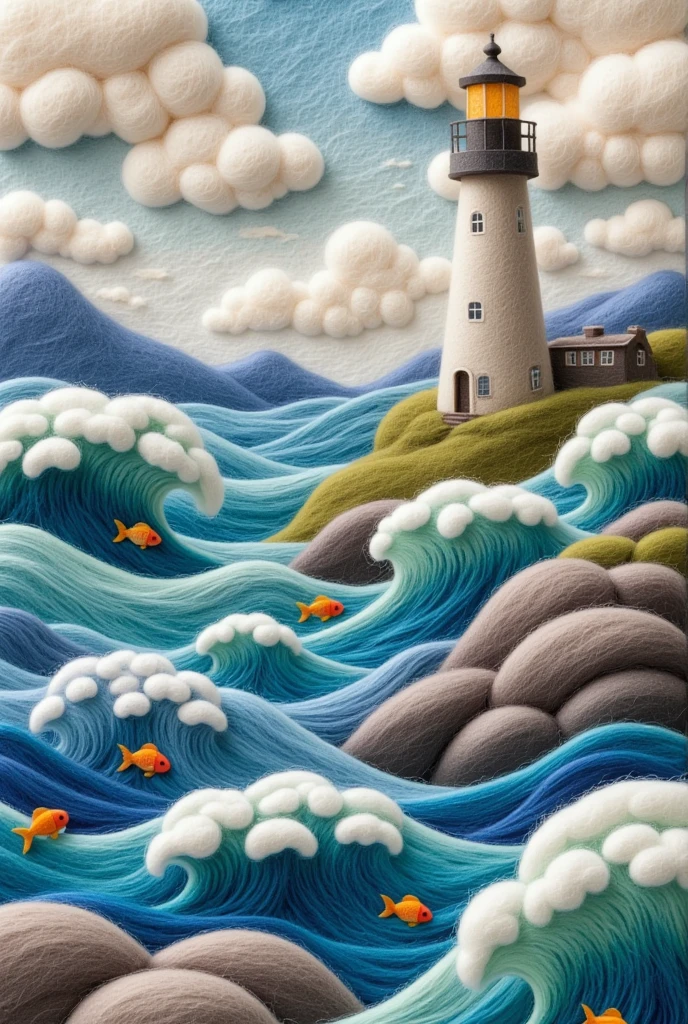 Felt Art：A beautiful felt painting，(lighthouse)，Waves，fish，Dreamy and beautiful，