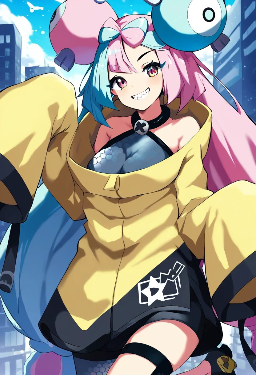 ((solo girl)),((score_8_up, score_7_up, score_6_up, score_5_up, score_4_up, anime screenshot
 1girl, solo, iono (pokemon), (grey vest:1.4),multicolored hair, long hair, character hair ornament, bow-shaped hair, sharp teeth, yellow jacket, open clothes, open jacket, thick thighs,)),((Perfect body,))Heavy breathing,saliva, sweat, Sweaty and wet all over,((Perfect body,))((Super beautiful,))((High quality,))((big breast,))pov, Looking at Viewer,Sweaty body, love Juice dripping from her crotch,Rough breathing, sweaty body,Blushing, looking shy at viewer,love hotel room on the bed, The whole body is wet and the skin is glossy and shiny, (masterpiece), collar,cowboy shot,standing,nsfw,sprealegs,squatting and straddling,(Show off your crotch by opening your crotch in a crouching posture,)(arms behind head,)half open eyes,open mouth,