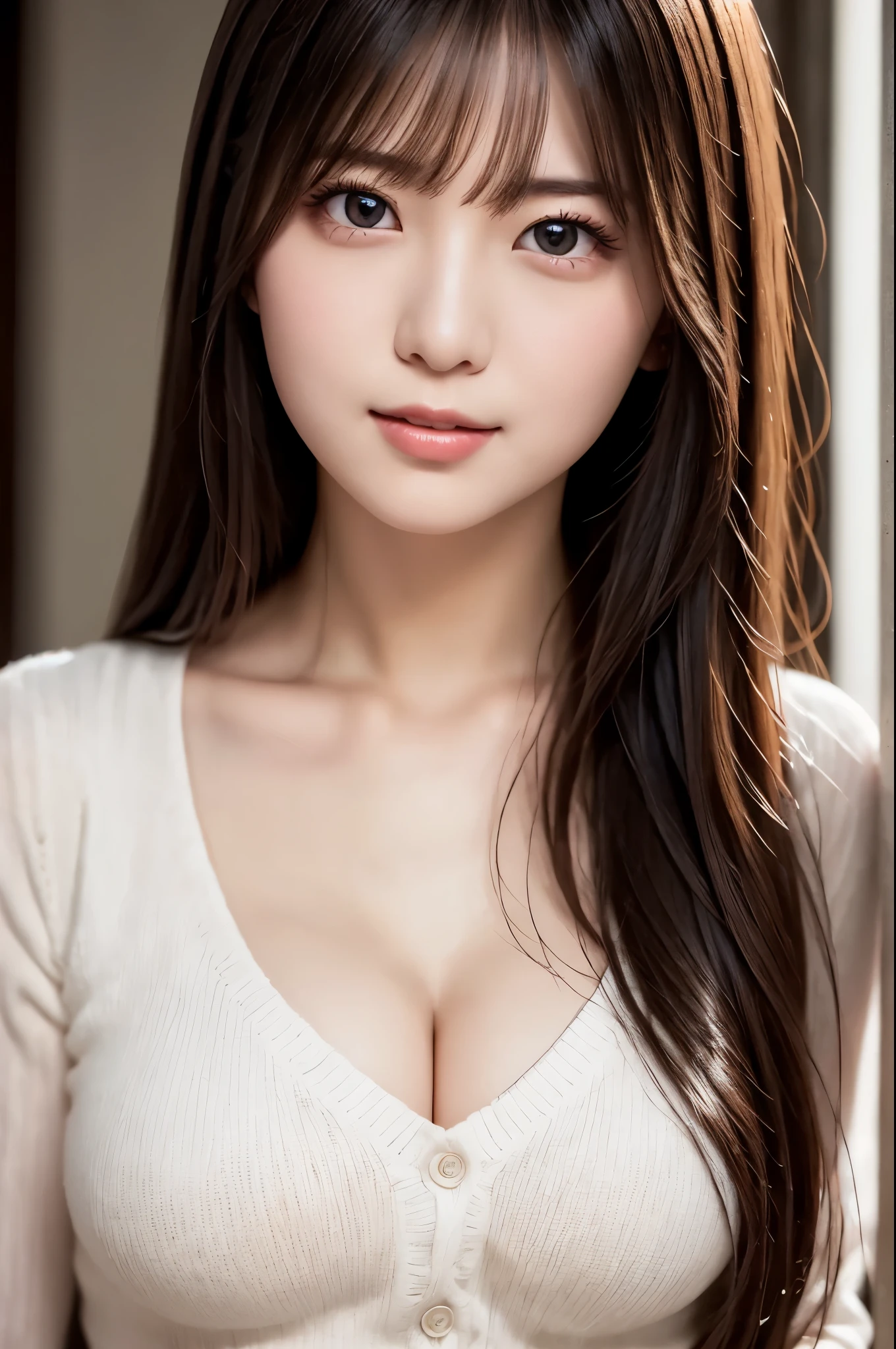 白シャツ、Complex and beautiful eyes、woman、Womanly black hair、(Delicate and realistic hair、1 bottle１Realistic hair)、bangs、Natural Color Lip、smile、((White indoor))、indoor、((18歳woman:1.******ung and adorable Japanese face, Official Art，Highly detailed CG Unity 8k wallpaper，（masterpiece:1.0),(Best Quality:1.0), 超High resolution,4K,Very detailed, photo shoot, 8k, nffsw, High resolution, Kodak Portrait 400, Film Grain, Lens flare glow,高いest quality,8k,nffsw:1.2),Portrait Shot,8k、Show Viewer, (((Front View))), (((Front View))), ((Facing))、Body facing forward、Bold cleavage、Firm breasts、Small face, ((Bare legs))、Highest quality、Super beautiful images、upper body、stand up