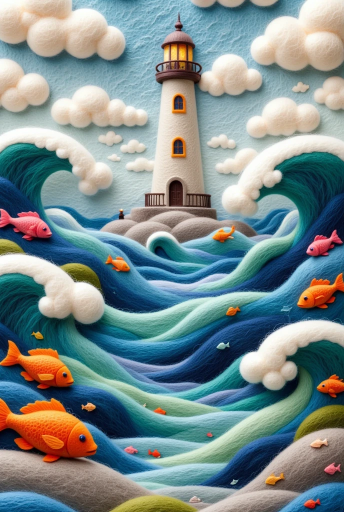 Felt Art：A beautiful felt painting，(lighthouse)，Waves，fish，Dreamy and beautiful，