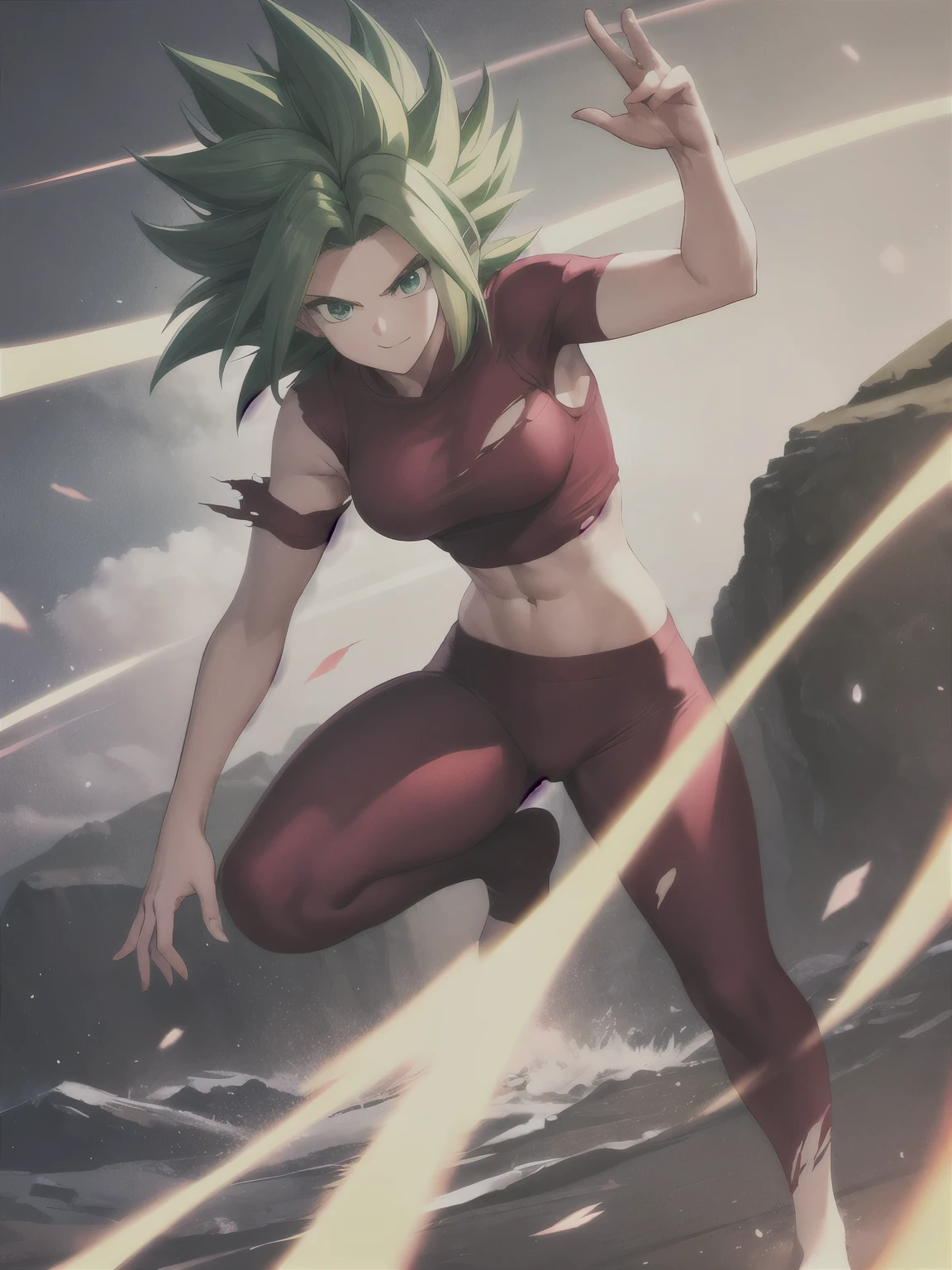 xyzkefla, super_saiyajin, green_Hair, green_eyes, 1 , nailed_Hair, Energy, torn_clothes, joy, aura, leggings, red clothes, dramatic, one-legged kangaroo position, cliff, looking at the viewer, ((perfect hand)), flying