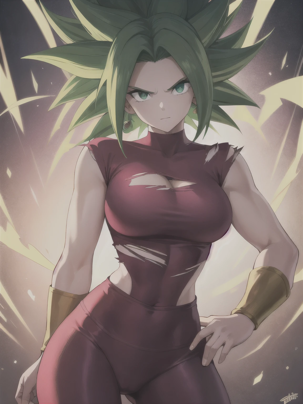 xyzkefla, super_saiyajin, green_Hair, green_eyes, 1 , nailed_Hair, Energy, torn_clothes, joy, aura, leggings, red clothes, dramatic, daddy and mommy position, cliff, looking at the viewer, ((perfect hand)), flying
