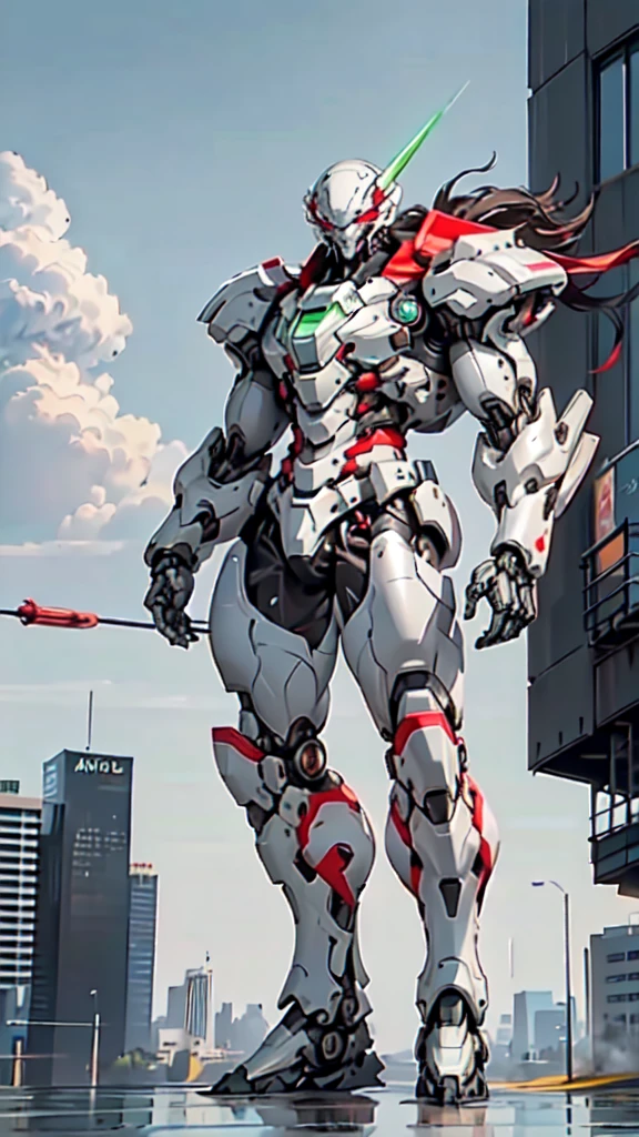 (masterpiece:1.5, best quality:1.5, extremely delicate:1.5), (male:1.5), humanoid Mecha, fully enclosed shoulder guards, matching arm and leg guards, full body, full armor, the design balances heavy with agility, (the color scheme is primarily Black with White and Red accents, the concept Inspired by Heavy Robot, HRS), organic biotech armor, standing, floating high above the futuristic sci-fi city, exquisite and mature art style, (aura effect, glowing eyes, the armor glows), metallic, dramatic, high definition, highres, ultra-detailed, ultra-fine painting, professional, perfect body proportions, anatomically correct, symmetrical face, extremely detailed eyes and face, high quality eyes, creativity, RAW photo, UHD, 32k, Natural light, cinematic lighting, masterpiece-anatomy-perfect