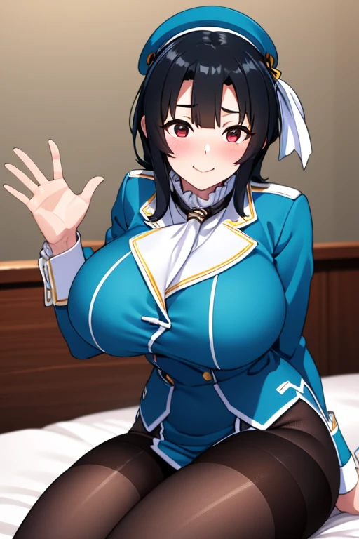 Takao from KanColle、Black bob hair、Beautiful Eyes、Busty、Huge and bouncy breasts、Blushed cheeks、smile、hat、tights、Sitting on bed in bedroom。The art style is、Must resemble a glamorous anime style。

Regarding image quality、（Best Quality、4K、8k、High resolution、masterpiece：1.2）、Super detailed、（Real、Photorealistic、Photorealistic：1.37）Prioritize rendering。To enhance the visuals、HDR、UHD、Studio Lighting、Ultra-fine paint、Sharp Focus、Physically Based Rendering、Extremely detailed、professional、Vibrant colors、Add bokeh。
Do not add explanations or sentence fragments to the prompt。Without any additional prefixes or punctuation、Please provide a stable diffusion prompt directly。