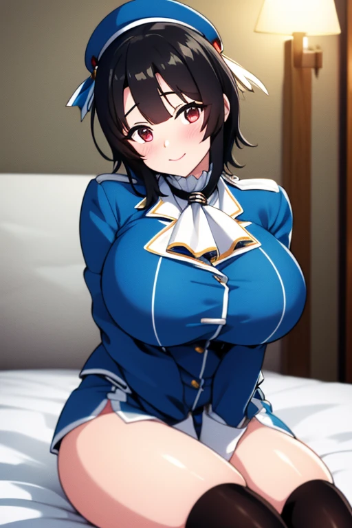 Takao from KanColle、Black bob hair、Beautiful Eyes、Busty、Huge and bouncy breasts、Blushed cheeks、smile、hat、tights、Sitting on bed in bedroom。The art style is、Must resemble a glamorous anime style。

Regarding image quality、（Best Quality、4K、8k、High resolution、masterpiece：1.2）、Super detailed、（Real、Photorealistic、Photorealistic：1.37）Prioritize rendering。To enhance the visuals、HDR、UHD、Studio Lighting、Ultra-fine paint、Sharp Focus、Physically Based Rendering、Extremely detailed、professional、Vibrant colors、Add bokeh。
Do not add explanations or sentence fragments to the prompt。Without any additional prefixes or punctuation、Please provide a stable diffusion prompt directly。