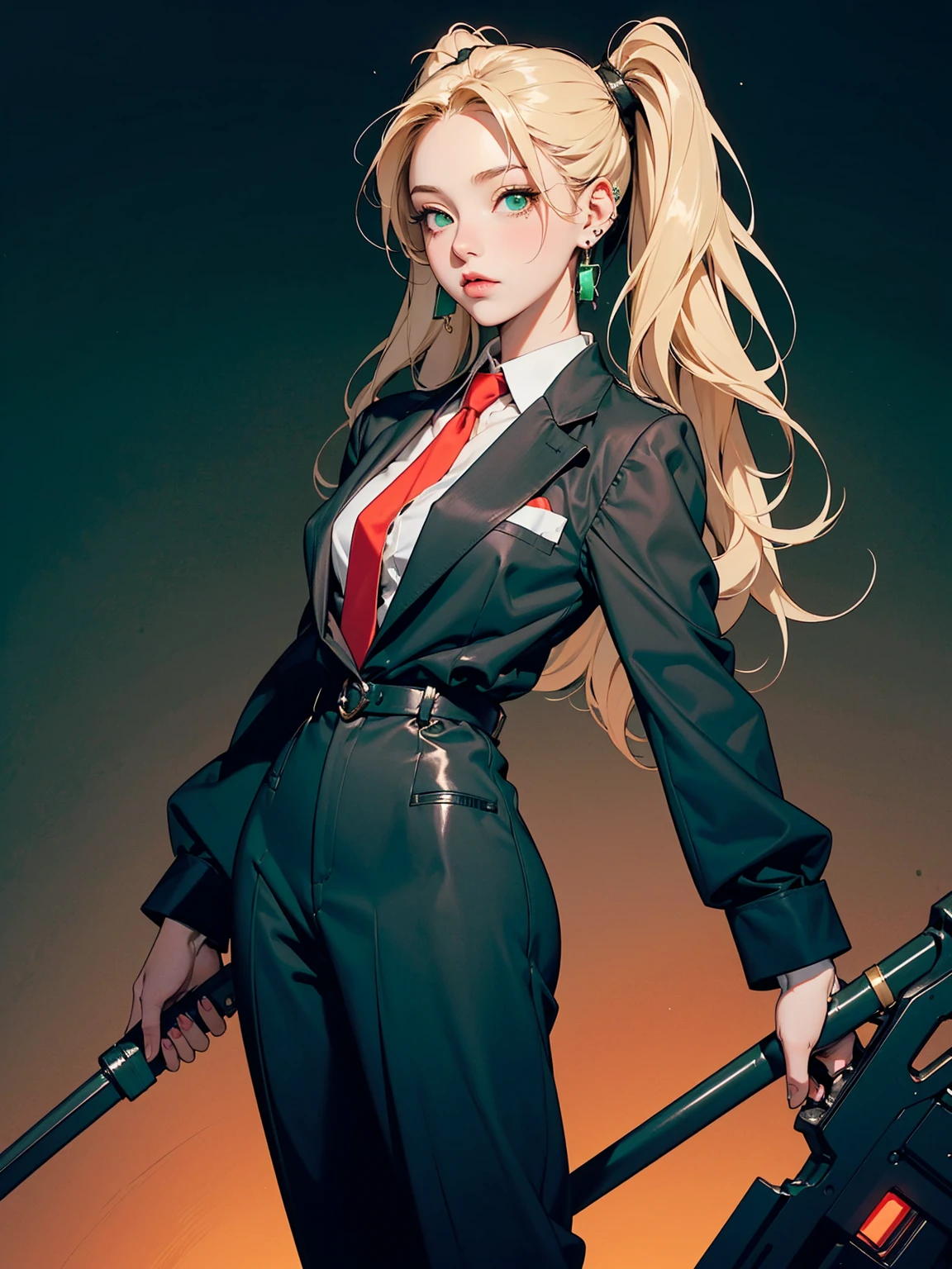 ((A young girl is wearing a black suit)). ((A red tie)). ((Earrings)). ((Accessories)). ((Her familiar is five cute, anime-style foxes)). Full-body. Standing. ((Holding a large weapon)). Fighting. Combat pose. Fighting alongside her familiars. She is a realistic young woman with glossy, long blonde hair tied into twin tails, with bangs falling over her forehead. Her ((highly detailed glowing emerald green eyes)) shine coldly and sharply, giving her a cool and smart vibe. Her youthful appearance is characterized by thin eyebrows and thin lips. ((A decayed city)). Blood. ((Colorful)). ((Cyberpunk)). ((Dark horror)). ((Death game)). ((Top quality)). ((Ultra-detailed)).