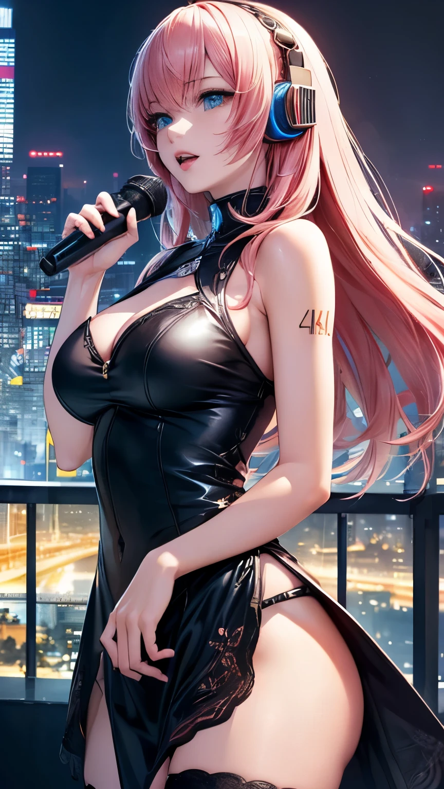 Megurine Luka，Pink long hair，((Lukadef, headphones, pelvic curtain, thighhighs))，((Clear blue eyes))，((Cyberpunk art))，((4K，8k，CG Unity，Masterpiece，masterpiece，Best Quality:1.5))，Official image，Perfectly correct anatomy，((Realistic:1.2))，Bust Up，((Staring seductively at the camera:1.07))，((Sing with a microphone:1.25))，Overflowing with adult sex appeal，Super sexy，The most beautiful woman in the world，Supermodel，Beautiful and detailed skin texture，Beautiful Lips，Very detailed acrylic painting，Very beautiful and smooth hair，Professional Lighting，Perfectly correct hand shape，Intricate details，((Skyscraper night view background))，((Very strong wind))，Angle from the front