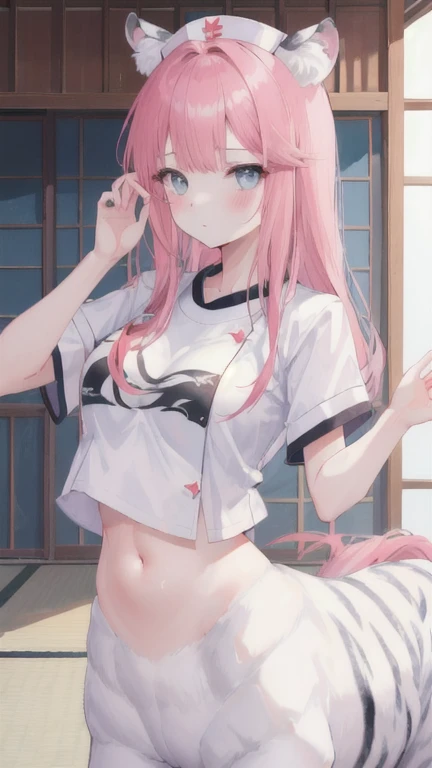 (best quality, masterpiece), 1 girl, centaur, It takes, White skin, Korean , ((23 years old)),black pink,Smiling, exposing the abdomen, belly button t-shirt , 아름다운 소녀 perfect white tiger photo, perfect white tiger photo