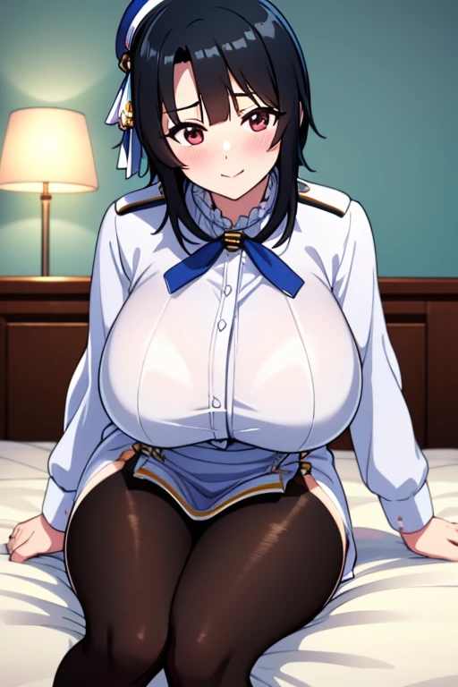 Takao from KanColle、Black bob hair、Beautiful Eyes、Busty、Huge and bouncy breasts、Blushed cheeks、smile、hat、tights、Sitting on bed in bedroom。The art style is、Must resemble a glamorous anime style。

Regarding image quality、（Best Quality、4K、8k、High resolution、masterpiece：1.2）、Super detailed、（Real、Photorealistic、Photorealistic：1.37）Prioritize rendering。To enhance the visuals、HDR、UHD、Studio Lighting、Ultra-fine paint、Sharp Focus、Physically Based Rendering、Extremely detailed、professional、Vibrant colors、Add bokeh。
Do not add explanations or sentence fragments to the prompt。Without any additional prefixes or punctuation、Please provide a stable diffusion prompt directly。