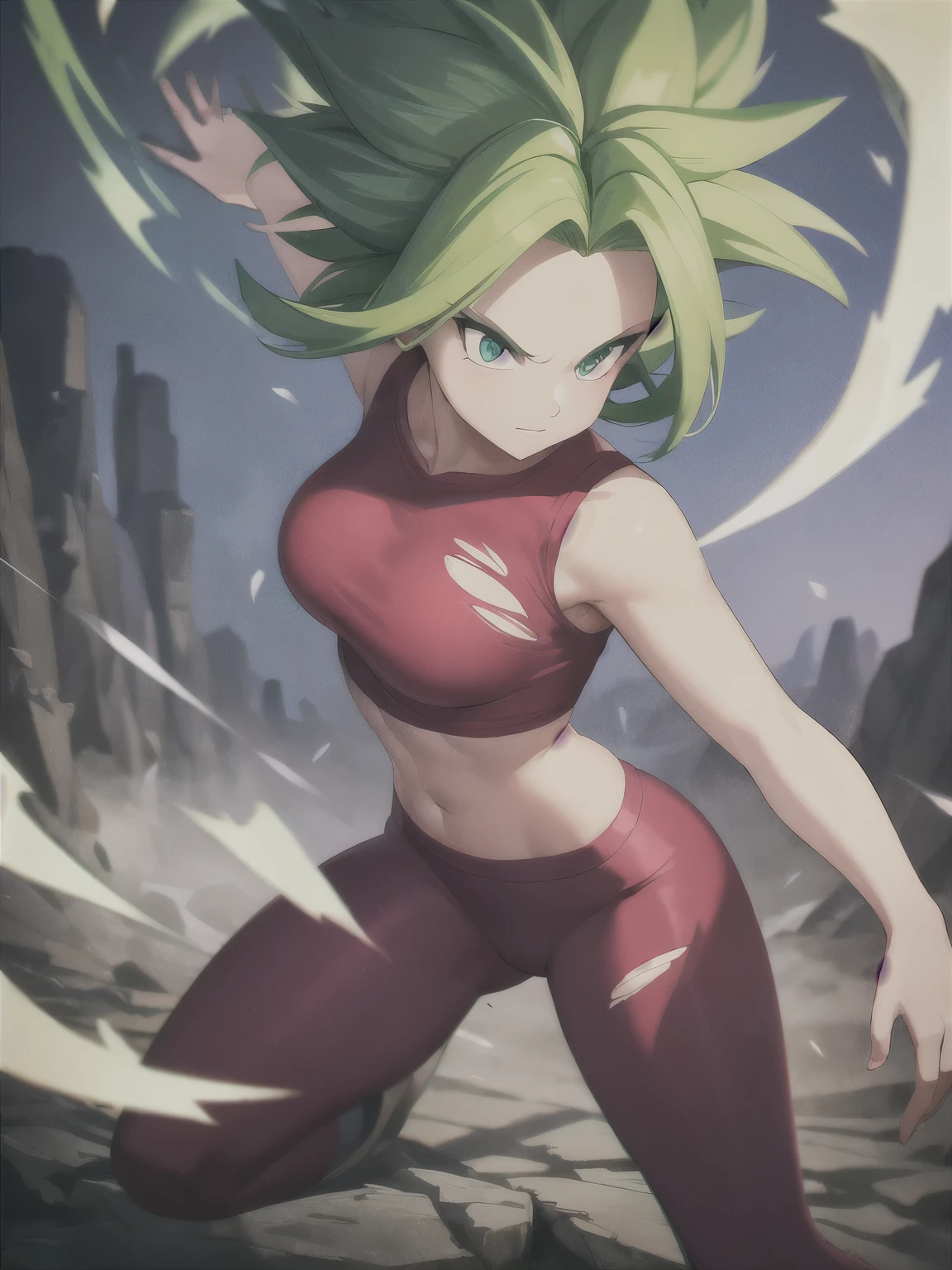 xyzkefla, super_saiyajin, green_Hair, green_eyes, 1 , nailed_Hair, Energy, torn_clothes, joy, aura, leggings, red clothes, dramatic, striptease, cliff, looking at the viewer, ((perfect hand)), flying
