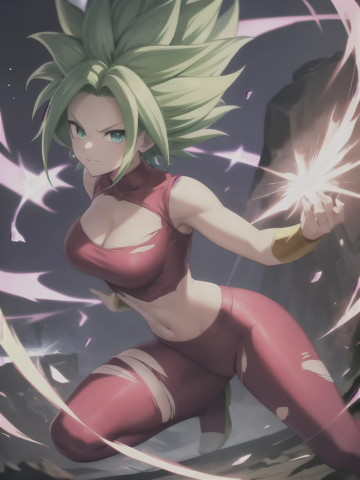 xyzkefla, super_saiyajin, green_Hair, green_eyes, 1 , nailed_Hair, Energy, torn_clothes, joy, aura, leggings, red clothes, dramatic, striptease, cliff, looking at the viewer, ((perfect hand)), flying