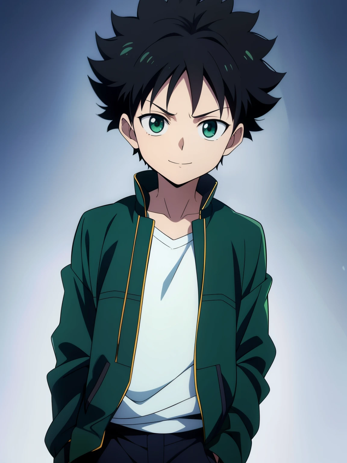 (high-quality, breathtaking),(expressive eyes, perfect face) 1boy, male, solo, Hunter x Hunter, Symmetrical Eyes, simple background, calm smile, short hair, fluffy hair, killua, KilluaZoldyck, cowboy shot, medium full shot, dark black hair, green eyes, black denim jacket, open jacket, green tank top, short height, kid age, neutral expression,
