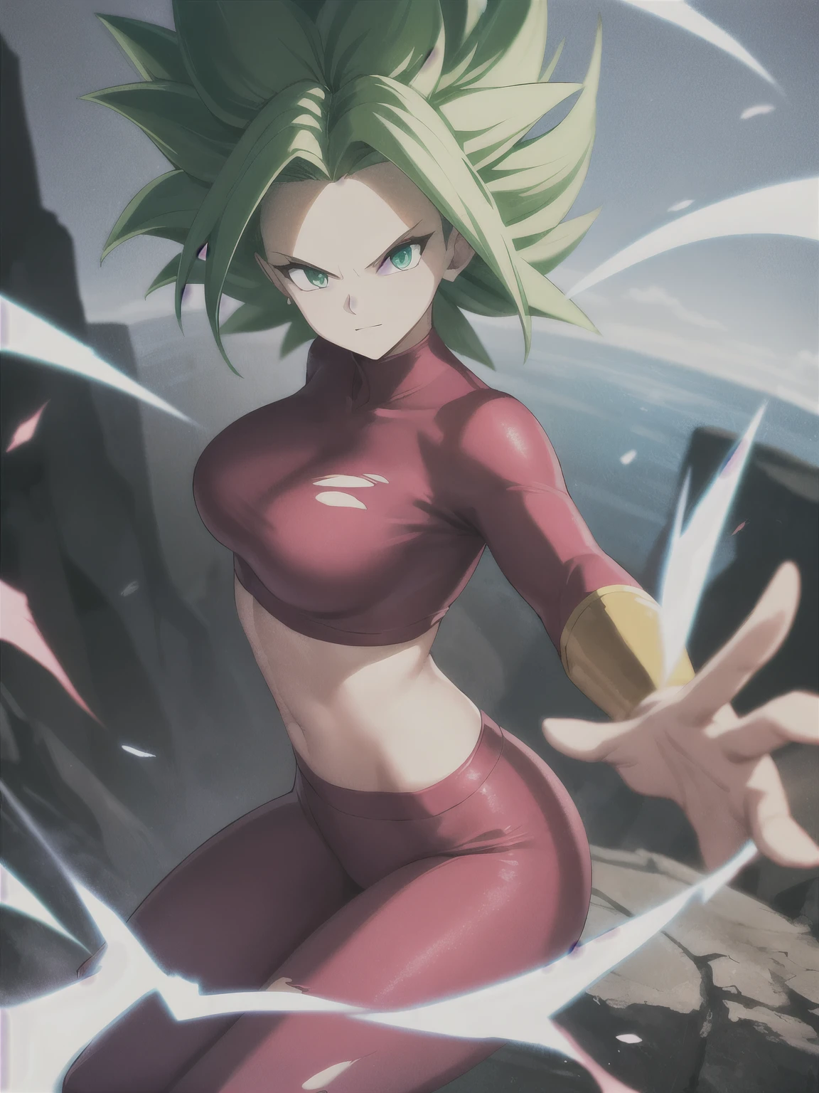 xyzkefla, super_saiyajin, green_Hair, green_eyes, 1 , nailed_Hair, Energy, torn_clothes, joy, aura, leggings, red clothes, dramatic, striptease, cliff, looking at the viewer, ((perfect hand)), flying,(increase contrast)
