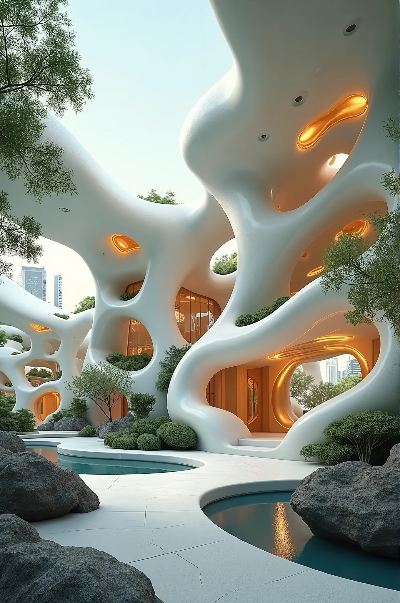 There is a large building with a pool and a waterfall - SeaArt AI