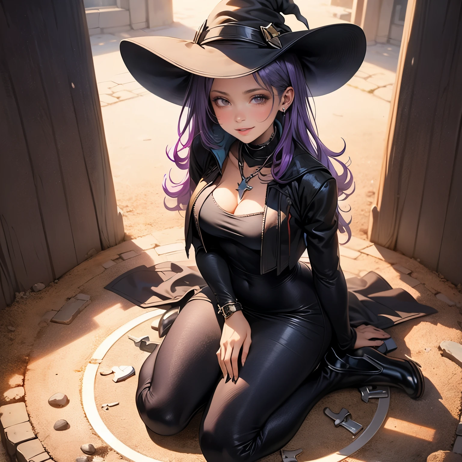 (masterpiece), best quality, 1girl, expressive eyes, perfect face, (purple hair), perfect anatomy, full body, 4k, HDR, full HD, alone, a witch's apprentice, with the characteristic clothing of a beautiful witch, the Her clothes are worn, revealing parts of her beautiful body, she wears a V-neckline, she is kneeling inside a bright red summoning circle.