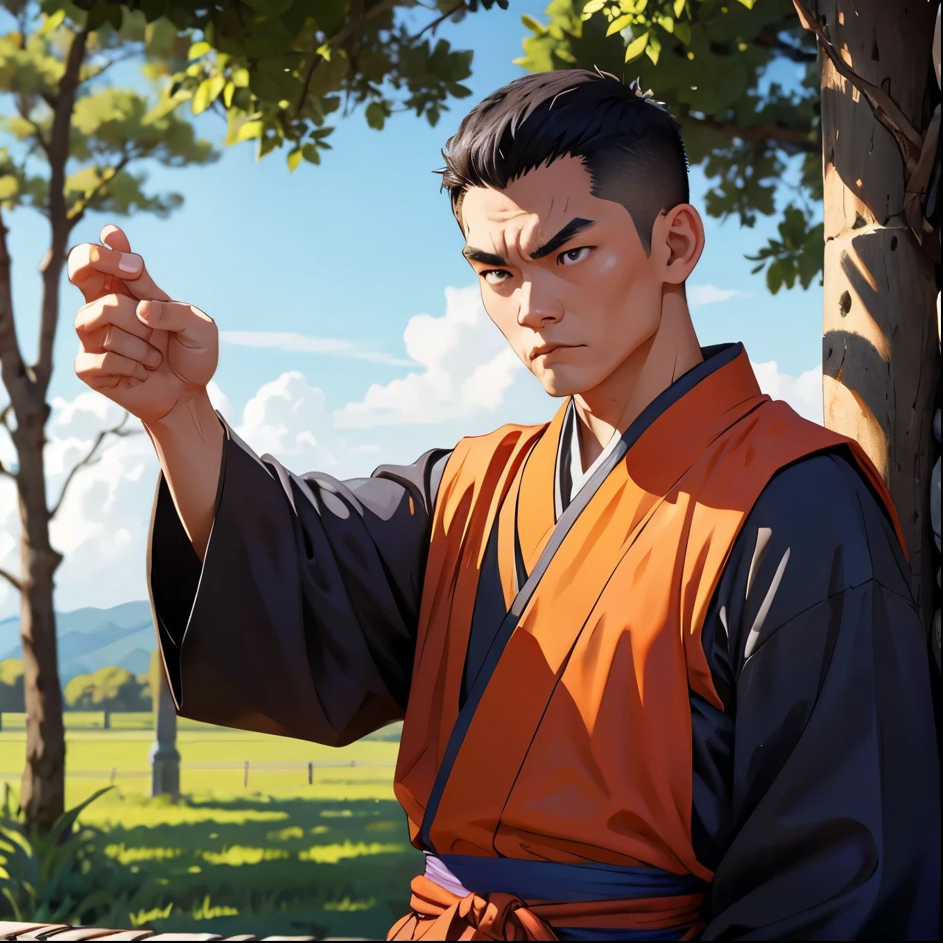 ((detailed)), solo Asian man, 22 years old, Shaolin monk, black hair, scowling, standing in the woods