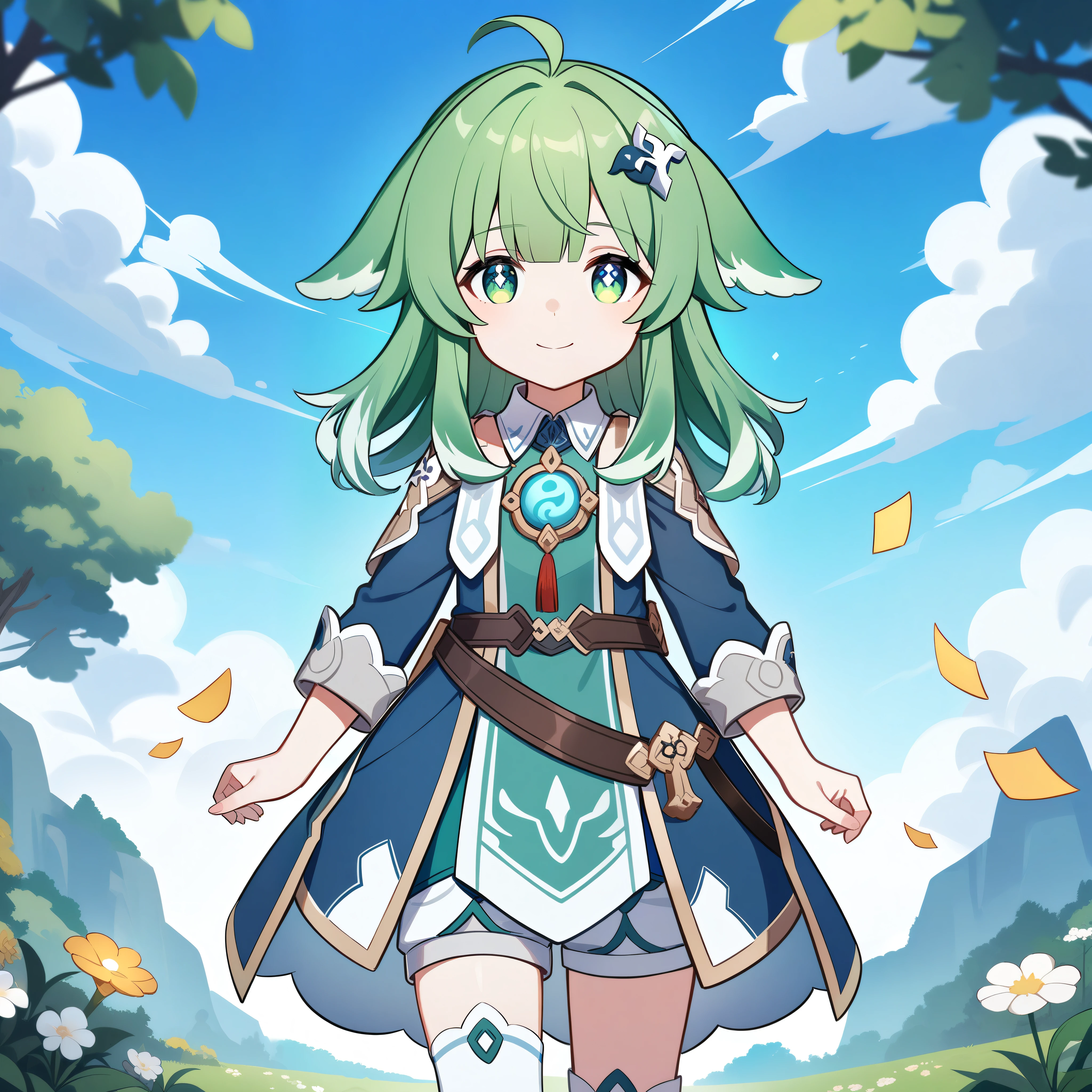 (high-quality, breathtaking),(expressive eyes, perfect face) 1girl, female, solo, Sword Art Online, Alicization, Symmetrical Eyes, simple background, gentle smile, medium hair, fluffy hair, fantasy outfit, SAO inspired, HuoHuo, huohuo\(honkai star rail\), dark blue green tunic, green hair, bangs, hair ornament, thigh socks, shorts, belt, short height, kid age, open field, blue sky, clouds, flowers, trees, childhood
