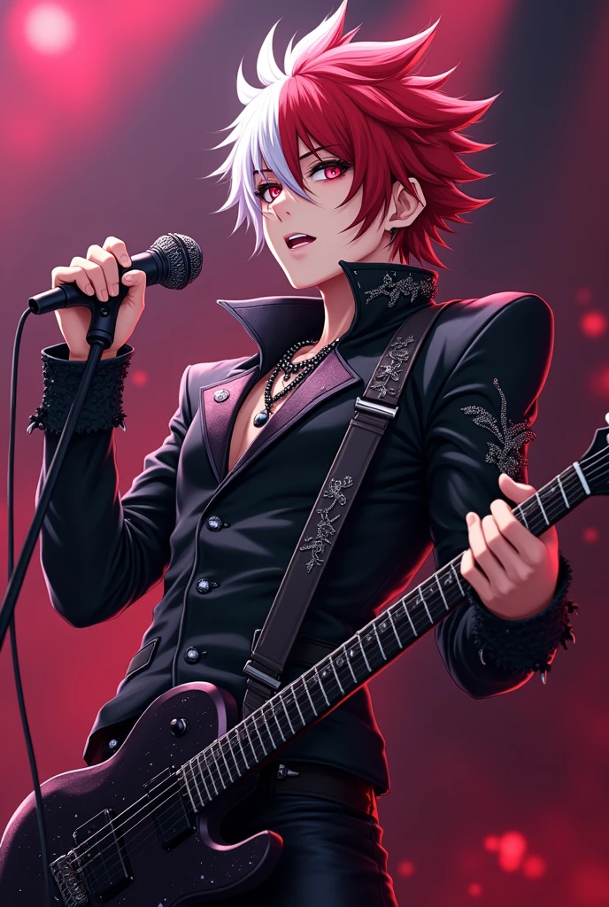 score_9, score_8_up, score_7_up, hs kayn, solo, looking at viewer, smile, shirt, red eyes, gloves, 1boy, holding, jewelry, green eyes, male focus, red hair, earrings, sleeveless, choker, black gloves, pants, necklace, parted bangs, heterochromia, black choker, black pants, piercing, pectorals, red shirt, ear piercing, microphone, o-ring, holding microphone, pectoral cleavage,
zPDXL, singing