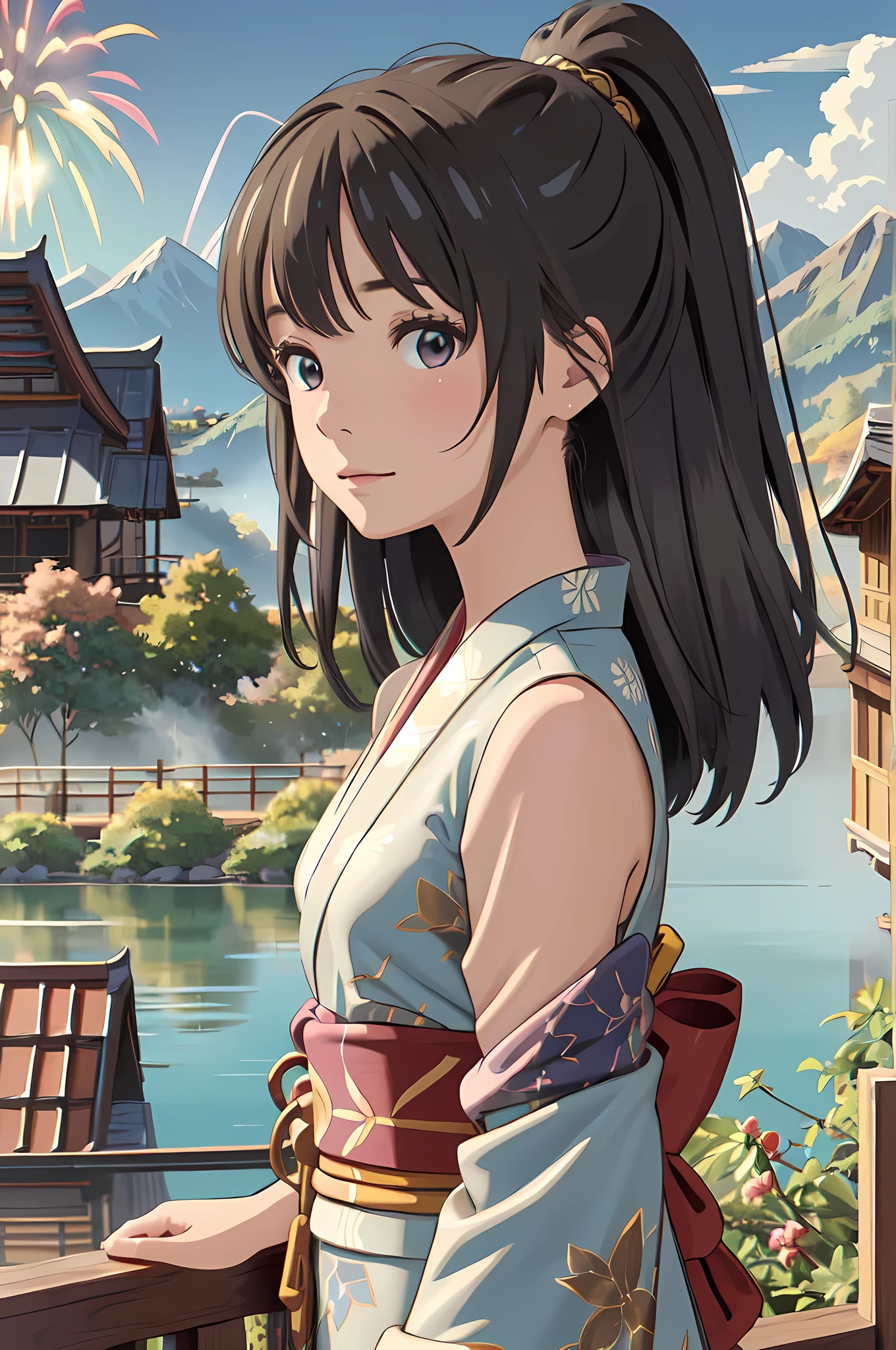 masterpiece, best quality, ultra detailed, highres, extremely detailed CG unity 8k wallpaper, perfect lighting,  very detailed background, beautiful and aesthetic,sharp focus, perfect face, dynamic pose, dynamic angle,
1girl, upper body, (portrait:1.1), multicolored yukata, kanzashi, looking at viewer,  full-face blush, from side, from below, smile,
night, dark sky, misty lake, mountainous horizon, break,aerial fireworks,  (Full of sky fireworks:1.2),
Shoulder Bare、Off the shoulder、(大きな胸)