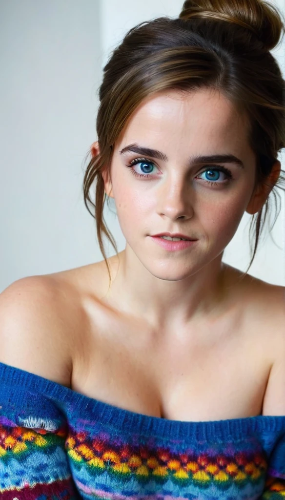 an eye contact of a brunette with hair, blue colored eyes, ((Emma watson)) 1, Long Hair, Big Breasts, Emma Watson's face close-up,detailed,A charming and beautiful witch,With long flowing hair and sharp eyes,Best quality, masterpiece, Ultra-high resolution, (lifelike:1.4), original photo, (Real skin texture:1.3), (Film Grain:1.3), panoramic, Portraits, Very wide angle shot, Thin waist, Cowboy lens, (in the darkness, Dark Shadows, Low profile, Cold Light), night, close up, Tears, indoor, dust, Tyndall Effect, disappointment, melancholy(expression), cry, frown, (Bow your head) , 1 girl, Beautiful detailed eyes and face, Off-shoulder, huge breasts, Huge ass, sexy body, fitness body, sexy bra, sexy thong, Navel, Fire on the ground,Lightning cuts through the sky