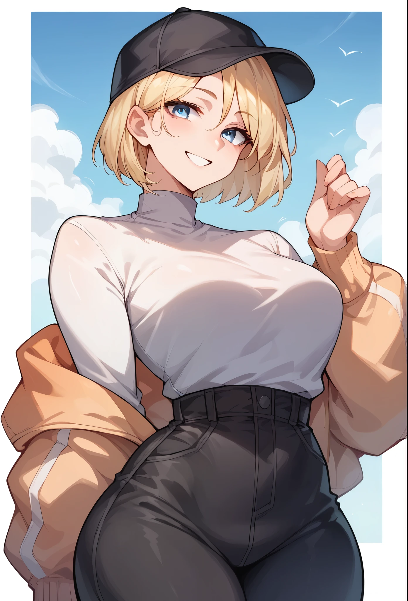 Woman, blue eyes, smiling, blonde hair, short hair, black cap, long sleeve, black pants, silver eyes,Sexy, curvy body