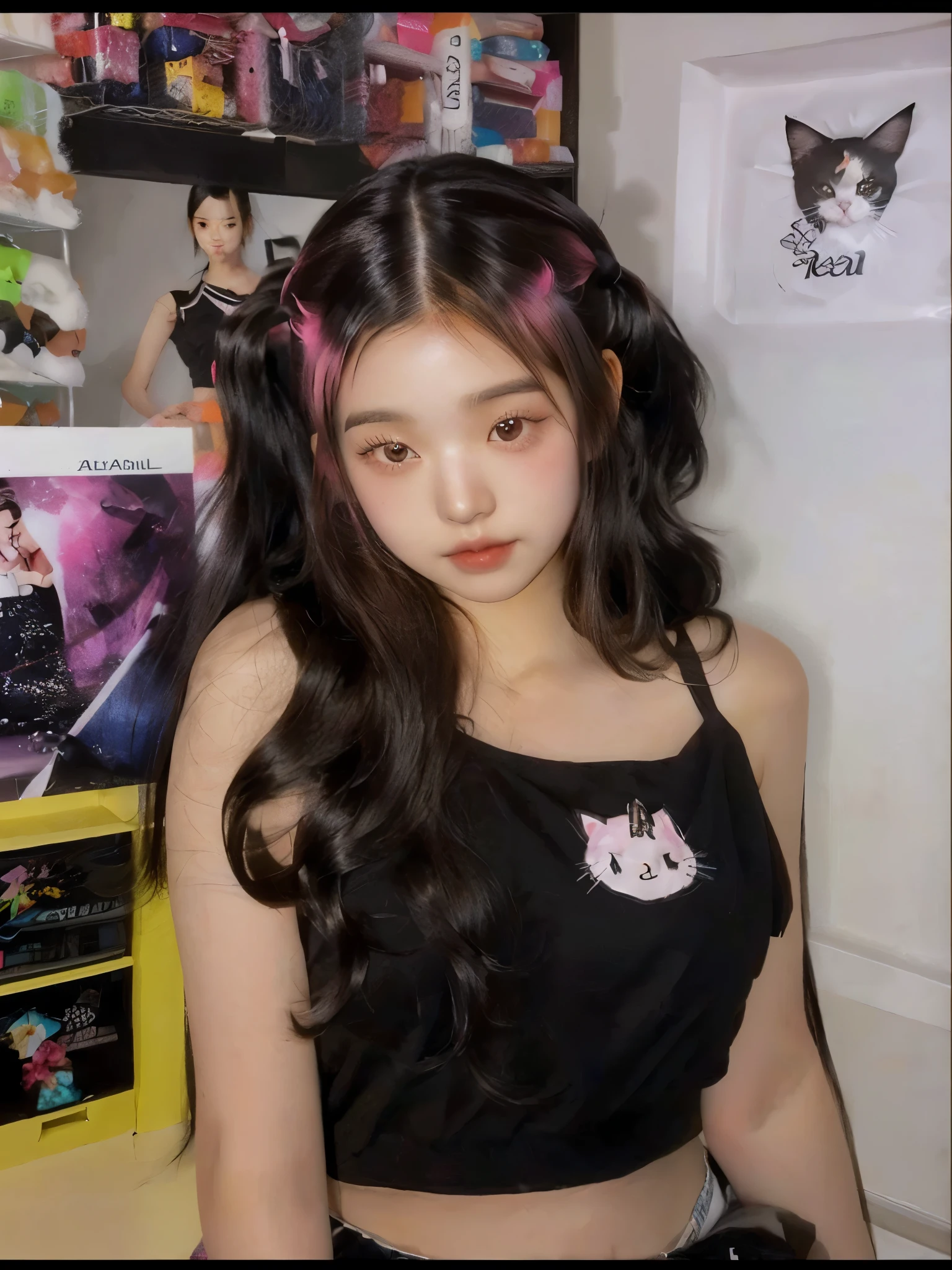 arafed girl with pink hair and a black top posing for a picture, with black pigtails, with long hair, wavy long - length black hair, black hime cut hair, with long hair and piercing eyes, straight hairstyle, with straight black hair, she has a cute face, asian girl with long hair, with long black hair, bella poarch , blackpink jennie , blackpink Lisa , asian famale face , cute girl , Korean famale