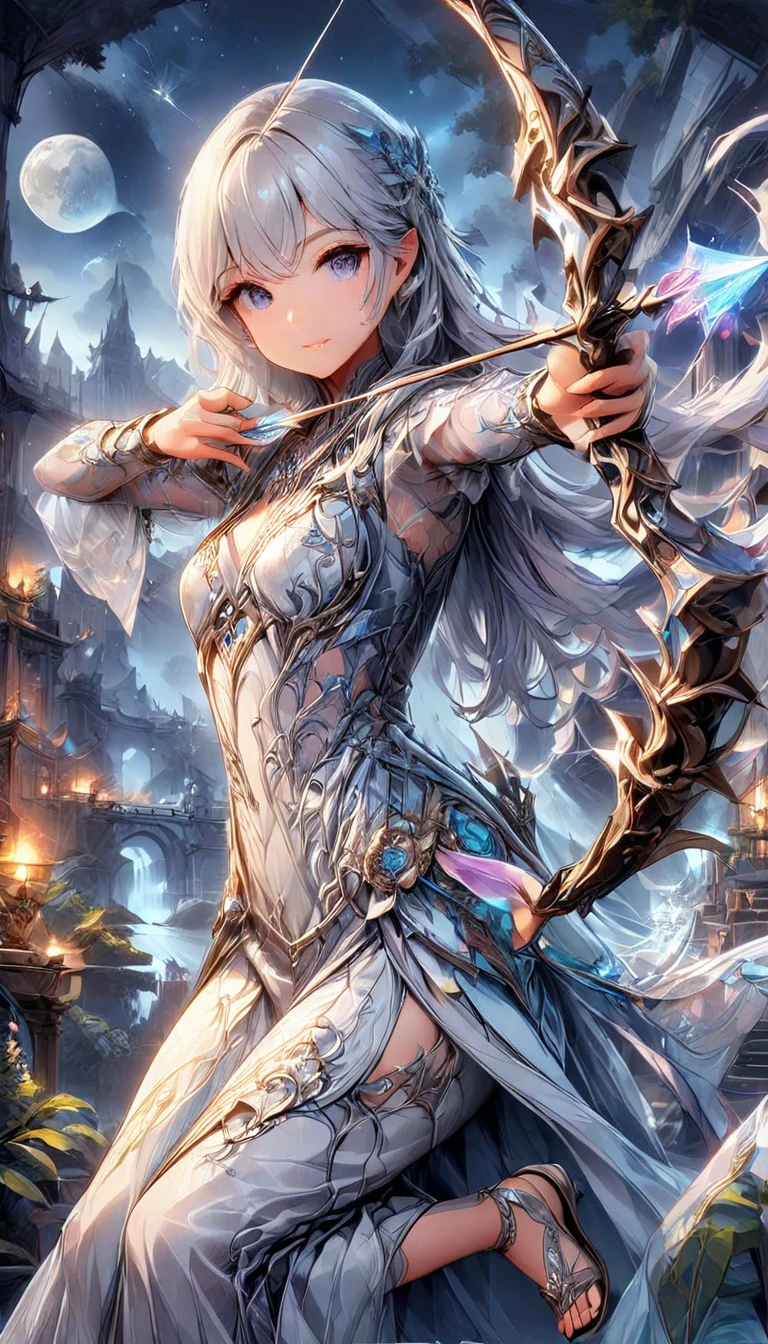 Adult woman; With a silver tunic, ciano eyes; showing the whole body; Long silver hair; Silver High heel Sandals, High quality. 4k, many details. High quality. 4k, many details. Distant view. Masterpiece, accurate, detailed background, better quality, original work. full body, Night galaxy background, night scenery. shooting stars, amazing deep view, ower, ARTEMIS, Holding a bow and arrow, aiming to sky, Sitting on a Moon, giant