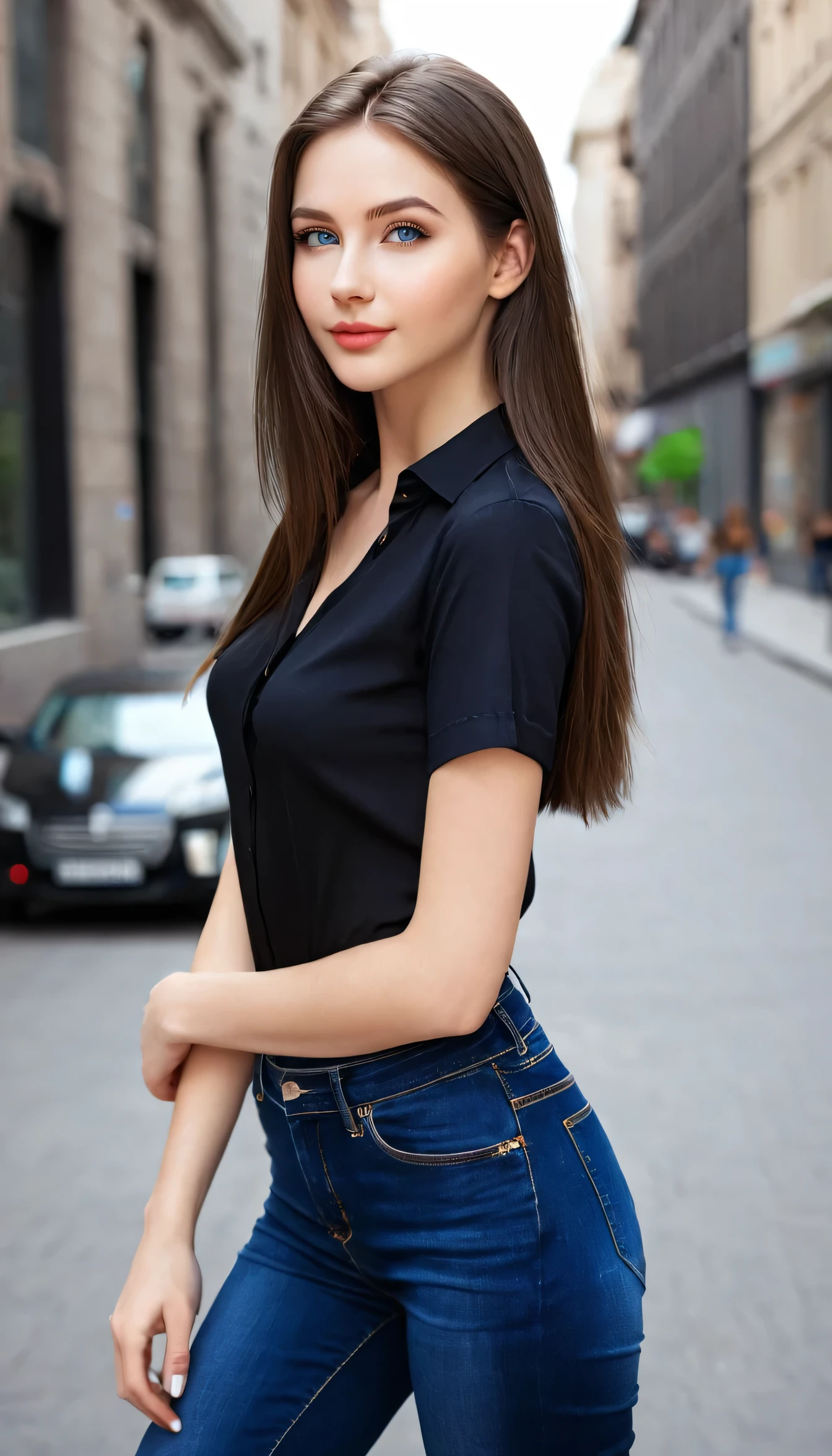 ((best quality, masterpiece:1.3, 8K)), (detailed), highly detailed face and skin texture, detailed eyes, downtown, full body, seductive pose, slender body, 1girl, 25 years old, white skin, blue eyes, bright lips, seductive smile, dark brown hair, straight hair, very long hair, (forehead:1.0), black blouse, short sleeves, jeans pants, skinny jeans, dark blue jeans, white sneakers, 