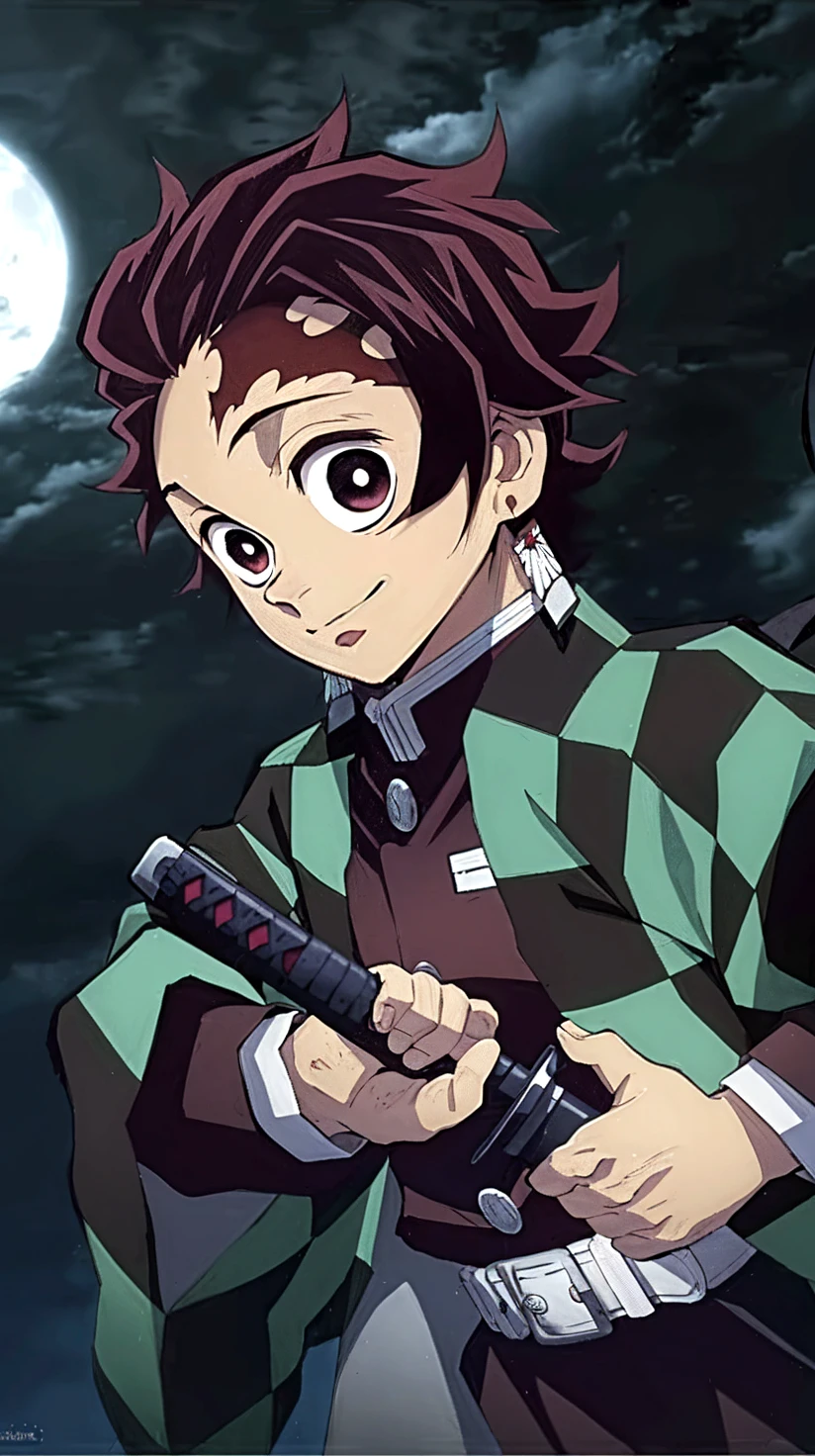 kimetsu no yaiba style, Kamado Tanjiro, demon slayer uniform, 1boy, Male Focus, facial scar, arma, Scar, earrings, tusk, Jewelry, Pants, scar on forehead, Brown hair, Belt bag, Black pants, komono, haori, green haori, Solo, Red Eyes, Long sleeves, Anime coloring, (((masutepiece)), Happy face, Water