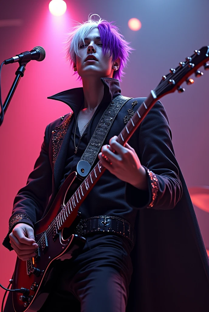 A cool humanoid vampire with white hair on the left side of his head and purple hair on the right side of his head plays in a rock band. Cool rock outfit. Red eyes. Narrow eyes. Wearing a coat. With glittering embroidery. A male vampire playing rock songs. Playing guitar. Powerful. The vocalist has a reddish purple aura. A shot where the whole body is visible. Cool anime style.