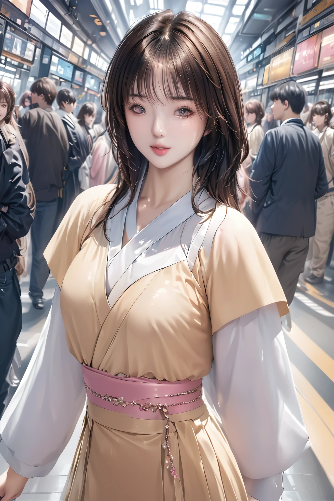 cute girl in yellow kimono, 1girl, full body, short brown hair, brown eyes, smiling, open mouth, standing, long sleeves, white boots, white tights, white capelet, pink obi, pink ribbon, digital signage in portrait orientation, on a column in a train station concourse, (best quality,4k,8k,highres,masterpiece:1.2),ultra-detailed,(realistic,photorealistic,photo-realistic:1.37),HDR,UHD,studio lighting,ultra-fine painting,sharp focus,physically-based rendering,extreme detail description,professional,vivid colors,beautiful detailed eyes,beautiful detailed lips,extremely detailed eyes and face,longeyelashes