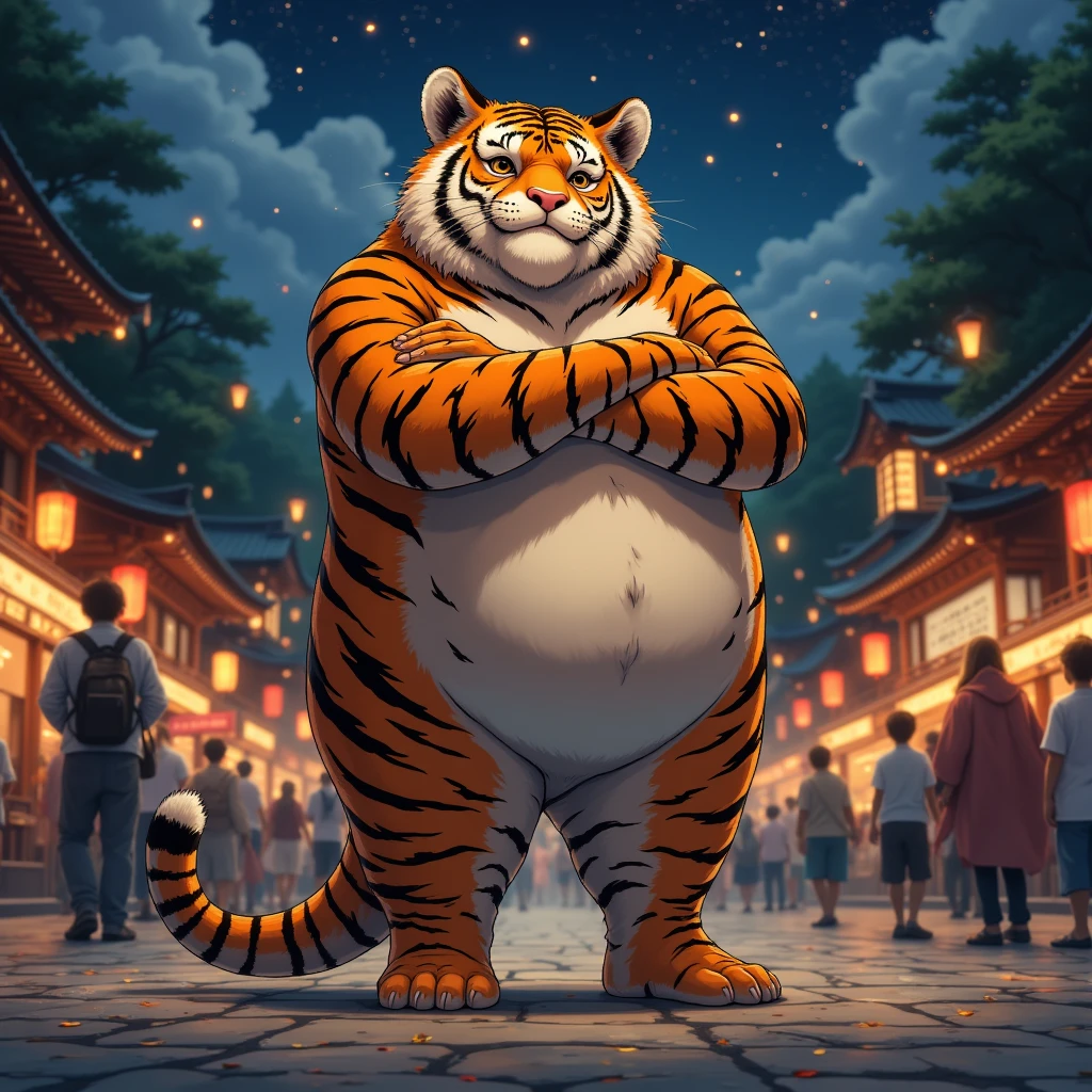 summer festival, a plump middle-aged tiger man, full body in Michelangelo Buonarroti style, digital illustration anime, character focus, full body, looking away, dynamic angle, niji6, BREAK fundoshi, topless, standing, crossing one's arms, dynamic pose, detailed painting landscape, starry sky, kyoto, shrine, outdoor, BREAK complete anatomy, perfect proportions, beautiful thigh gap, fluffy body, intricate fur details, beautiful fur texture, BREAK detailed tiger 1tail, detailed toe, 5toes, 5toes nails, beautiful foot, detailed hands, 5fingers, 5fingers nails, BREAK aesthetic anime face, insanity detailed face, male face, big face, square jawline, aesthetic anime eyes, detailed brown eyes, detailed brown cornea, detailed dark brown irises, detailed pupils, male eyes, big eyes, male eyebrows, innocent look, beautiful beard, BREAK masterpiece, official art, best quality, very aesthetic, absurdres, super fine illustration, great quality, BREAK noise reduction, very highres, large filesize, high quality, 32K, 8k wallpaper, dynamic lighting, BREAK insanity detailed, ultra detailed, intricate details, extremely detailed, detailed texture, an extremely delicate and beautiful, full color, HDR, BREAK e621 uncut tag, Fur Affinity illustration, osukemo, kemohomo, anthropomorphic, furry, cartoon, harmonious, pastoral, virtuous