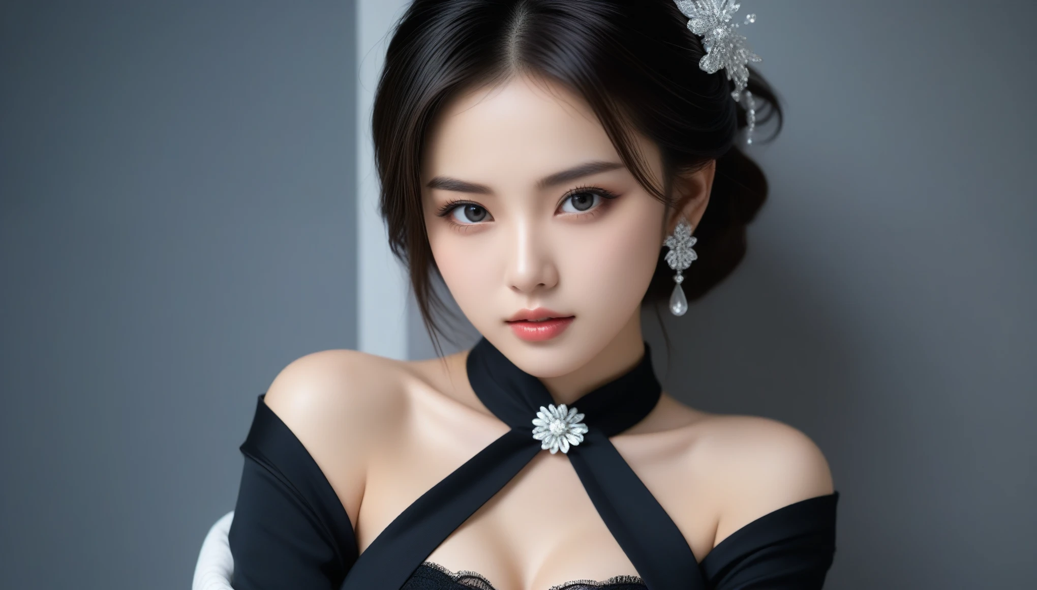 Presenting an awe-inspiring masterpiece, this extraordinary photograph captures the essence of perfection. Taken with a high-end Nikon camera, it showcases the exquisite details of a single girl in an elegant 1940's Upper Women fashion ensemble. The image is shot in ultra-high resolution, utilizing the top-quality Fujifilm XT3 to produce a raw photo of 16K magnitude. The meticulous attention to detail and photorealistic rendering make it a true work of art. The composition highlights the subject's alluring face, adorned with a stylish expression and accentuated by the intricate makeup products used. Her delicate features, including captivating eyes and a meticulously contoured face, truly come to life in this ultra-detailed photograph. Moreover, her naturally textured skin adds