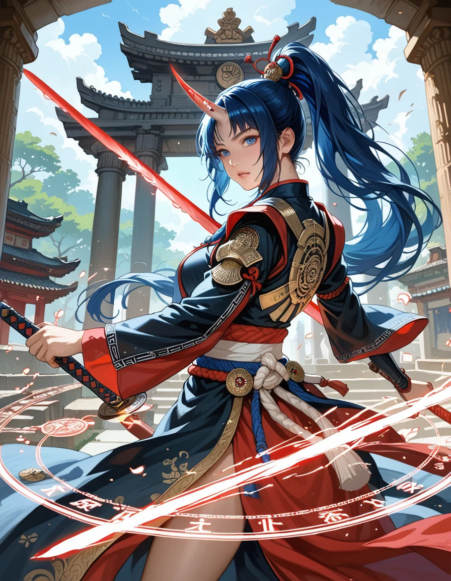 score_9,score_8,score_7,source_anime,1girl,Yo-kai girl,single horn,blue eyes,high ponytail,two hair tone,blue hair, red hair,holding huge glowing sword on her hand, sword,ancient glowing symbols on the blade, dynamic Pose,Dynamic Action long flowing hair, traditional Japanese armor, detailed anatomy,anatomy correct,magical effects, detailed magic circle, ancient temple,intricate detail, neckless , jade crystall