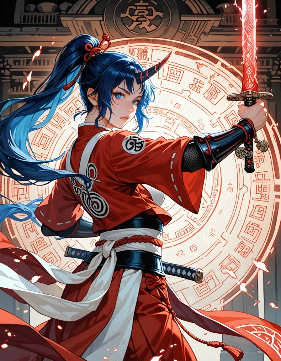 score_9,score_8,score_7,source_anime,1girl,Yo-kai girl,single horn,blue eyes,high ponytail,two hair tone,blue hair, red hair,holding huge glowing sword on her hand, sword,ancient glowing symbols on the blade, dynamic Pose,Dynamic Action long flowing hair, traditional Japanese armor, detailed anatomy,anatomy correct,magical effects, detailed magic circle, ancient temple,intricate detail, neckless , jade crystall