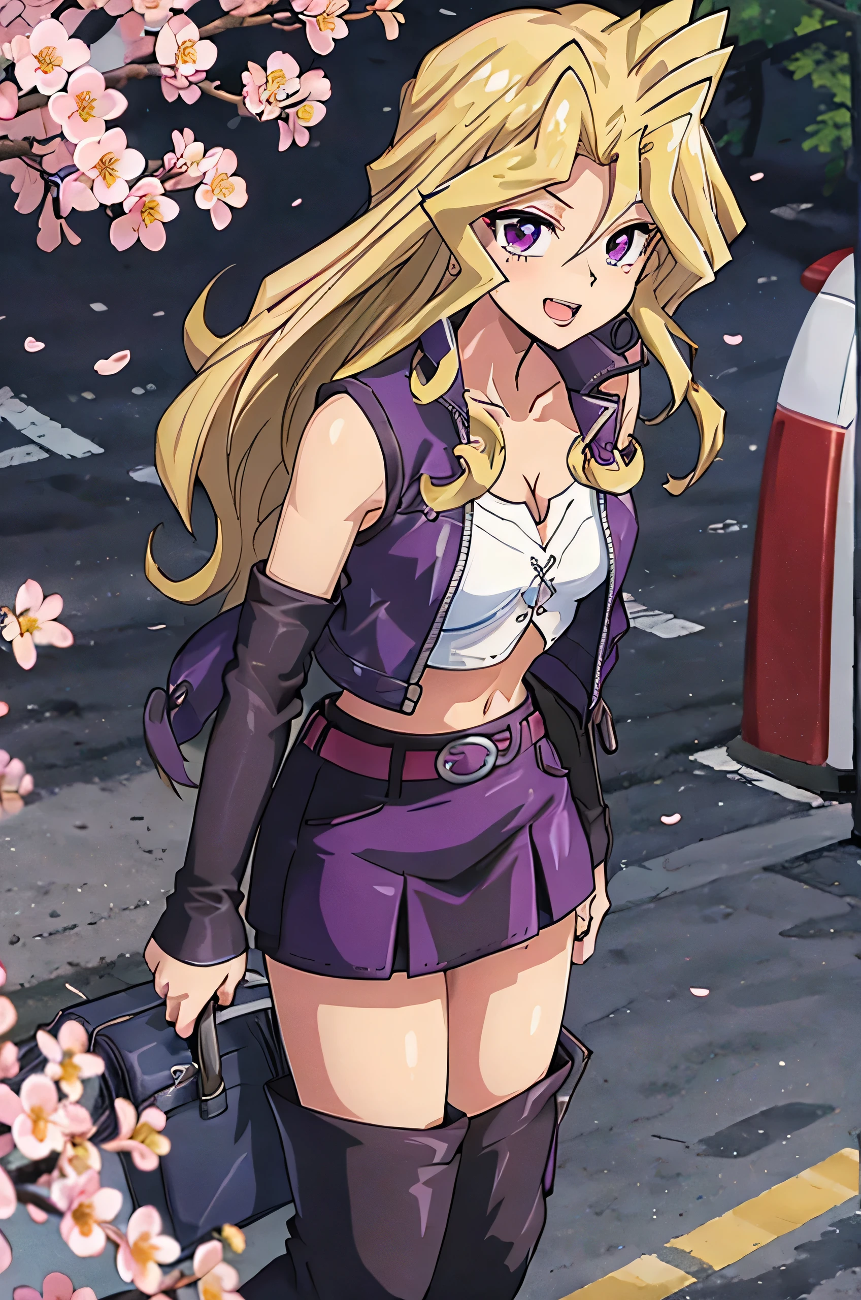 score_9, score_8_up, score_7_up, score_6_up, score_5_up, score_4_up, source_anime, aamai, long hair, blonde hair, purple eyes, breasts, cleavage, crop top, white shirt, cross-laced clothes. cropped jacket, purple jacket, open jacket, sleeveless, detached sleeves, white sleeves, midriff, white belt, miniskirt, purple skirt, thighs, arms behind back, leaning forward, standing, outdoors, open mouth, cherry blossoms, smile, city, road,