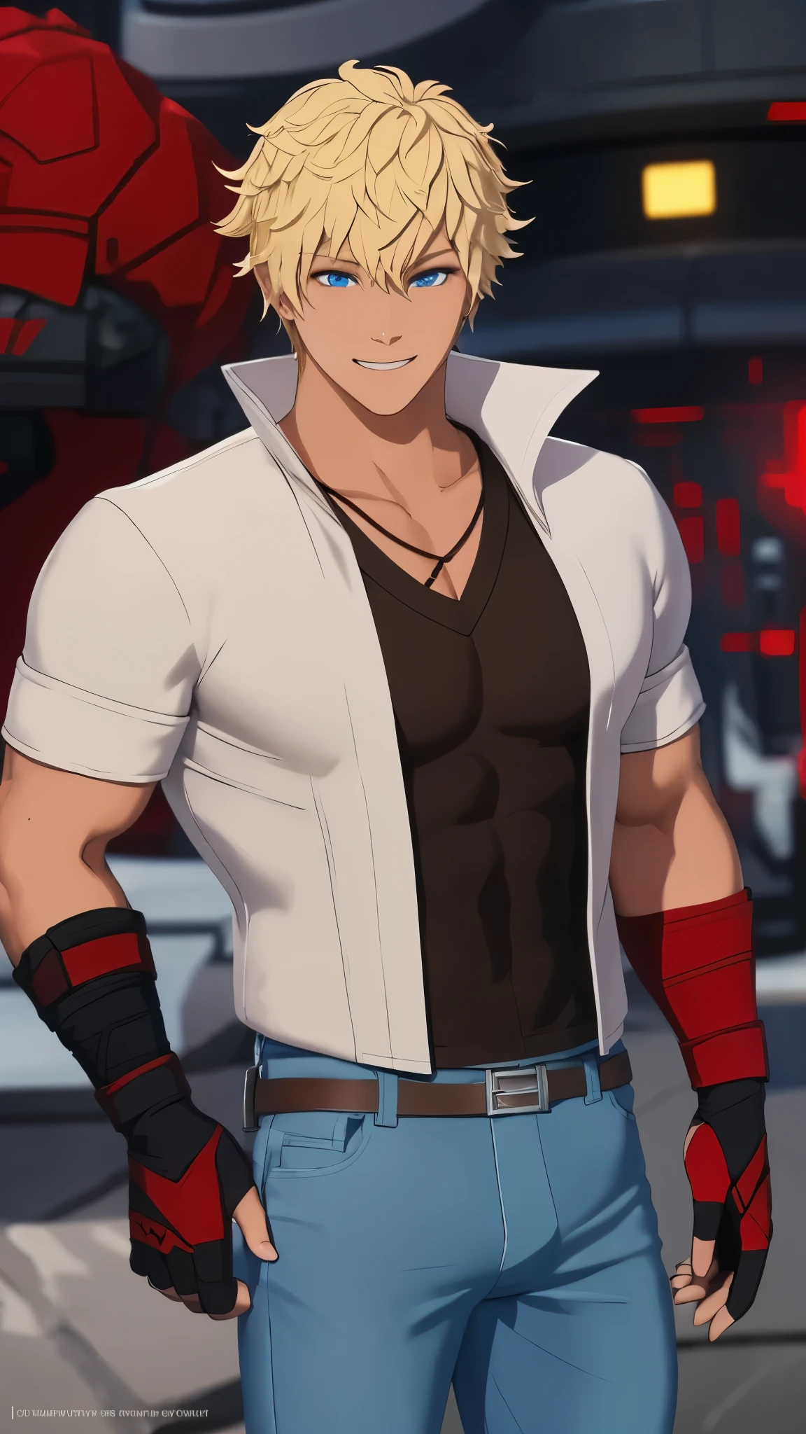 Sun Wukong(RWBY), male character, 1boy, tan skin, muscular build, best quality, masterpiece, handsome, blue jeans, detailed face, charming smile, blue eyes, confident stance, vibrant aura, open white shirt revealing his muscular torso, long red and black gloves, red metal gloves, black leather gloves, fingerless gloves.