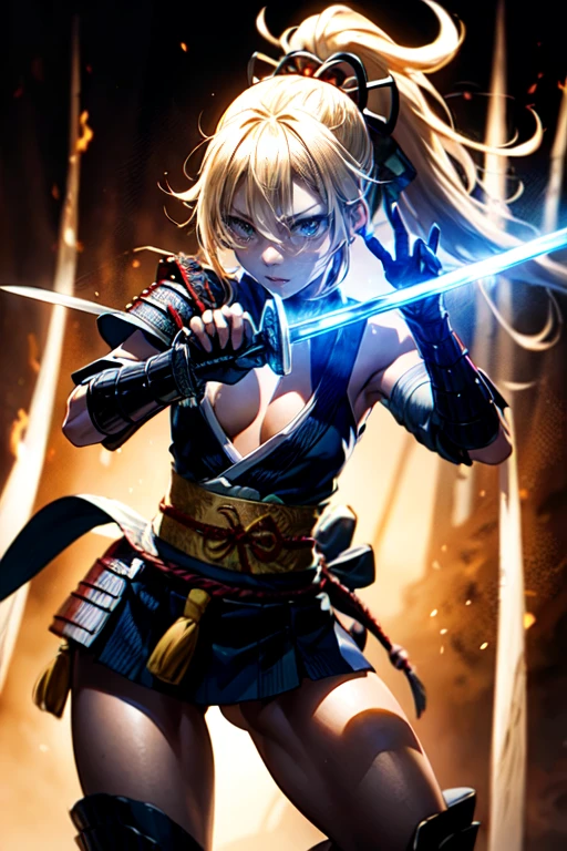 One Girl,anime,Anatomically correct, A series of character actions,,ponytail, masterpiece, Textured Skin, Action Painting, Heavy makeup, Brown Skin,Perfect Face,Perfect Eyes,Samurai,samurai,Sengoku Warlordsの鎧,Waist Armor,A blow with a sword,Small breasts,Thin thighs,Combat with enemies,Calm expression,Flame Attribute,Yellow Hair,Sengoku Warlords,Battle of Sekigahara,Glowing sword effect