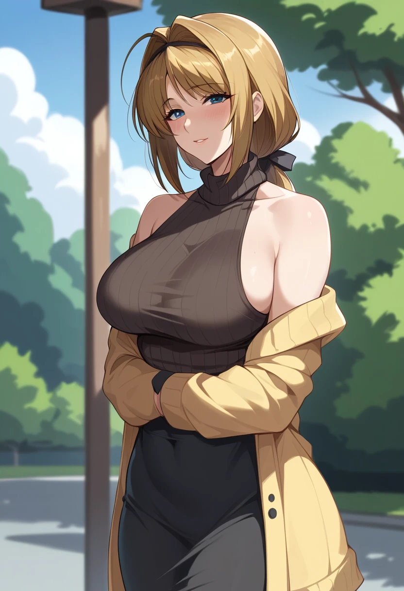 (takamori haruka:1.0), 1 girl, score_9, score_8_up, score_7_up, score_6_up, ((12k,Masterpiece)), Very detailed, clothes reflecting light ,(mature female, motherly, medium breasts:1.0),Outdoor,Park,(She's wearing a glossy, off shoulder sweater )、The dress has a simple design without any patterns, blushing,black long skirt,