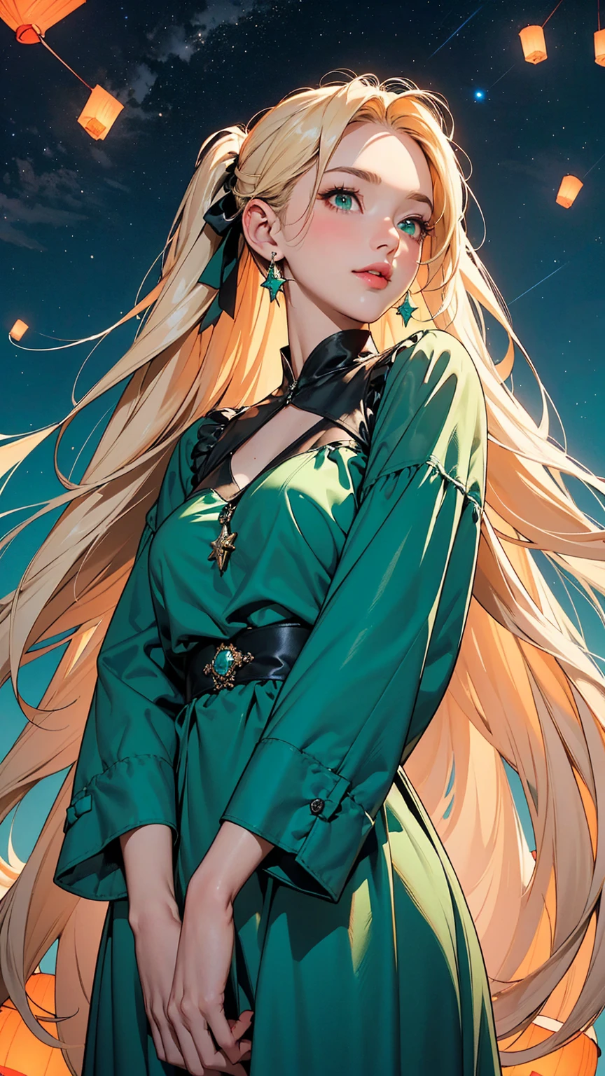 ((A young girl is wearing a black long-sleeve maxi dress)). ((Accessories)). Drone shot. Wide angle. She is standing while looking up at the sky, by the seaside. She is a realistic young woman with glossy, long blonde hair tied into twin tails, featuring bangs that fall over her forehead. Her ((highly detailed glowing emerald green eyes)) shine coldly and sharply, giving her a cool and smart vibe. Her youthful appearance is characterized by thin eyebrows and thin lips. ((Sky lanterns)). ((A night sky full of sky lanterns)). ((Starry sky)). ((Twinkling & sparkling)). ((Top quality)). ((Ultra-detailed)).