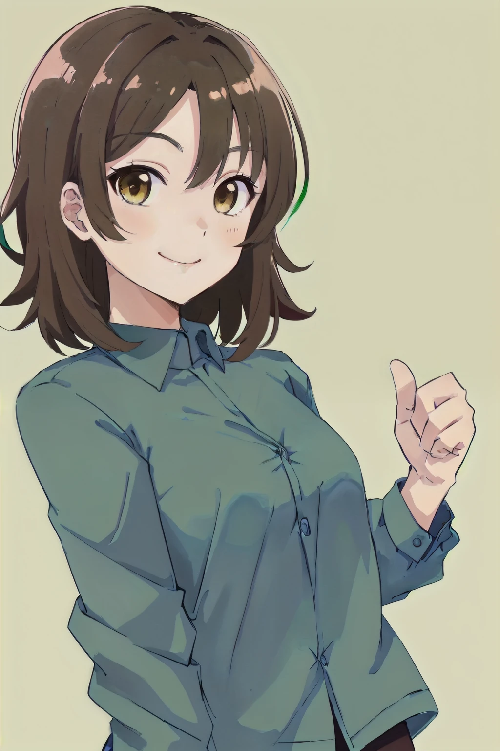 thumb up_pose,Green color_background,blue_shirt,browncolor_medium_hair,highres,brown_eyes,brown_hair,shirt,liz_to_aoi_tori,1girl,absurdres,solo,smile