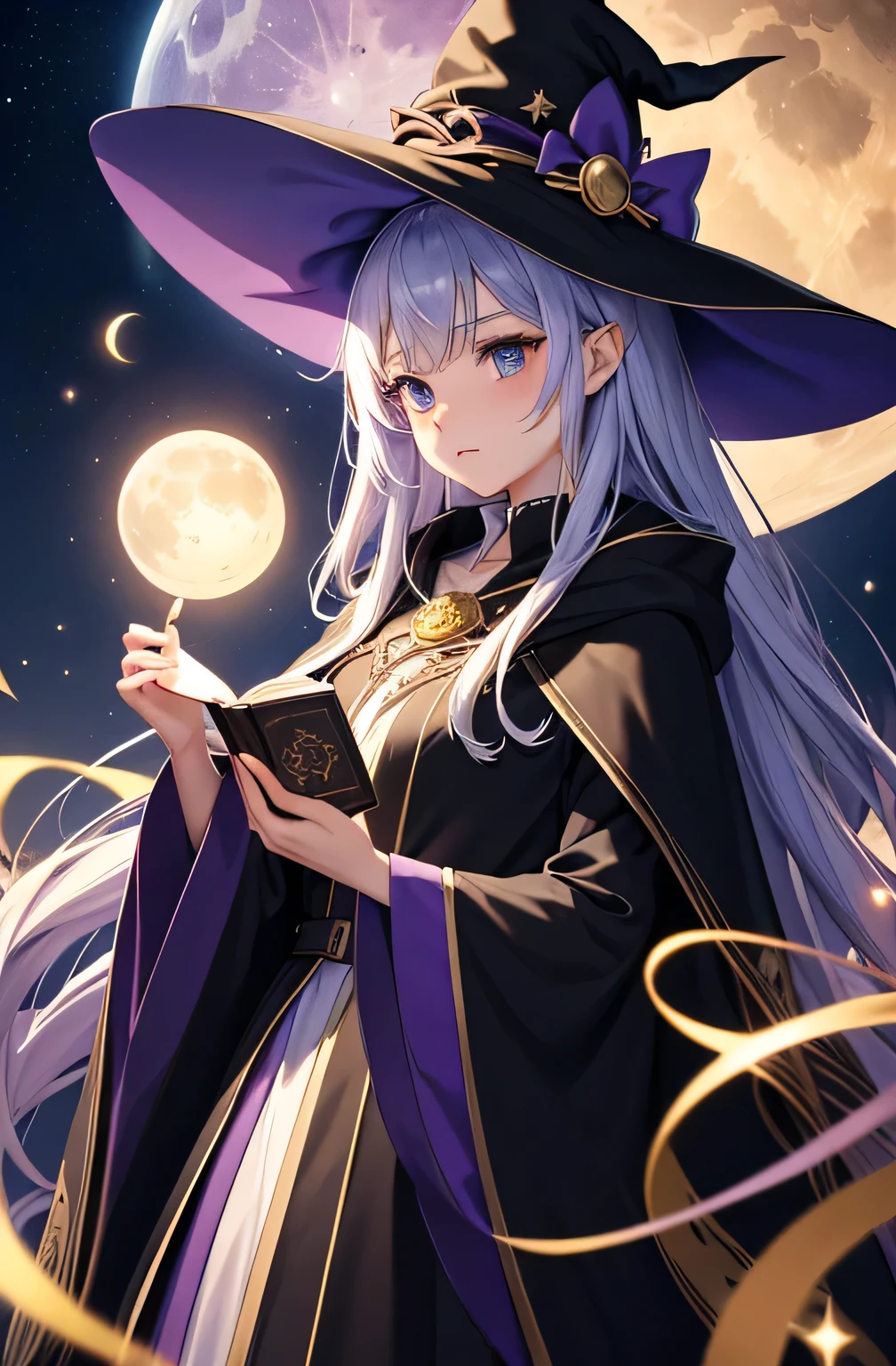wizard, witch har, masterpiece ,extremely fine and beautiful colors, extremely beautiful and fain design, amazing sapraizz, dynamic production, cinematic lighting ,high resolution ,8k, best quality, ((Witch of another world fantasy、long cloak、Pointed hat、magic wand))、ancient magic book、magic runes、vial、Portion、dark magic、magic of light、magical jewels、Secret Magic Ingredient、Black cat companion、magic circle、Star divination、Magic Barrier、Magical Treasure、Forest hut、magic fire、Magical rituals、Phases of the moon、