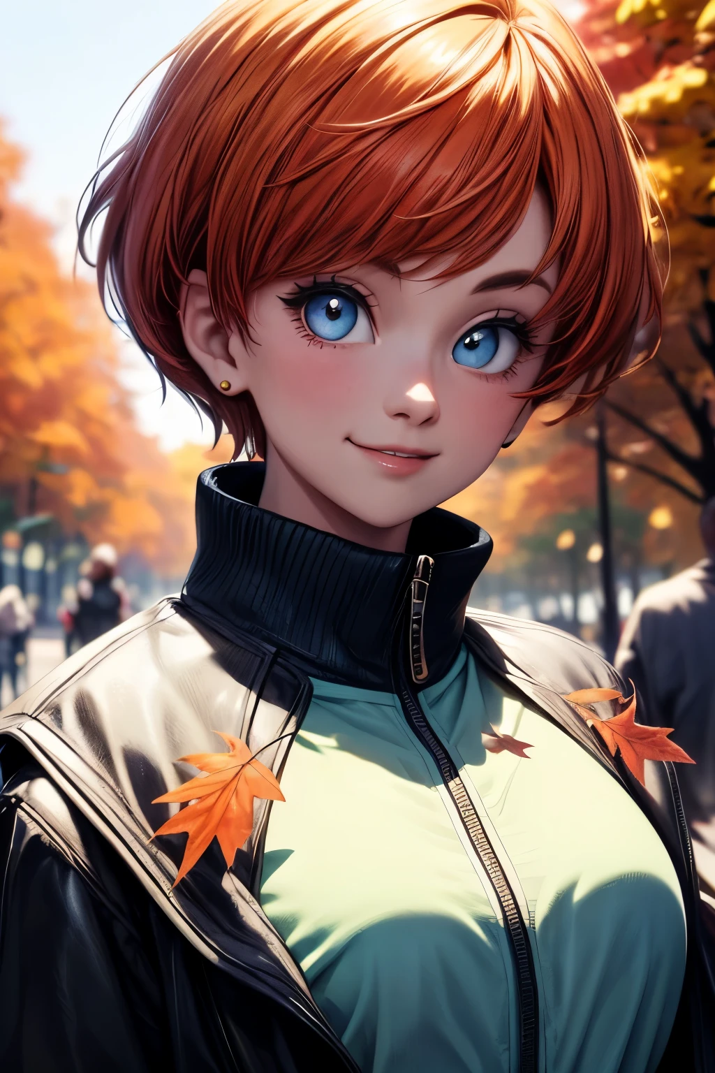 (masterpiece), best quality, bokeh, expressive eyes, perfect face, 1girl, erasa, red hair,  cinematic light, intricated background, close up, a girl walking in the park wearing a long black jacket, autumn season, leaves falling, smiling to viewer