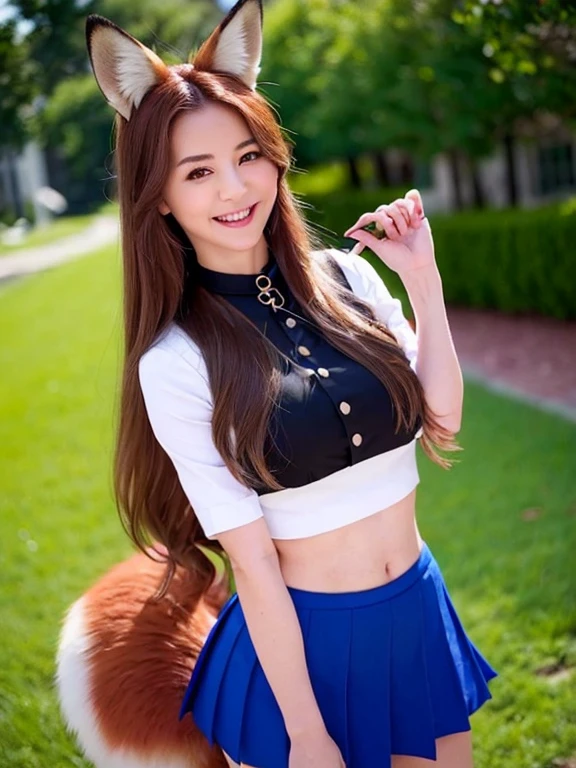 ((Best Quality, 8k)), ((masterpiece)), (Highest Resolution), Perfect Face, Woman with fox ears, Woman with a tail, Beautiful woman, She is a student at school, It was taken at school, Only one tail, She has thick thighs, Her big fox tail, I can see her fox tail, She wags her tail, With collar, She is wearing a school uniform, Big Hips , Her fox tail is sticking out, Her tail is fox-colored, Smiling with teeth showing