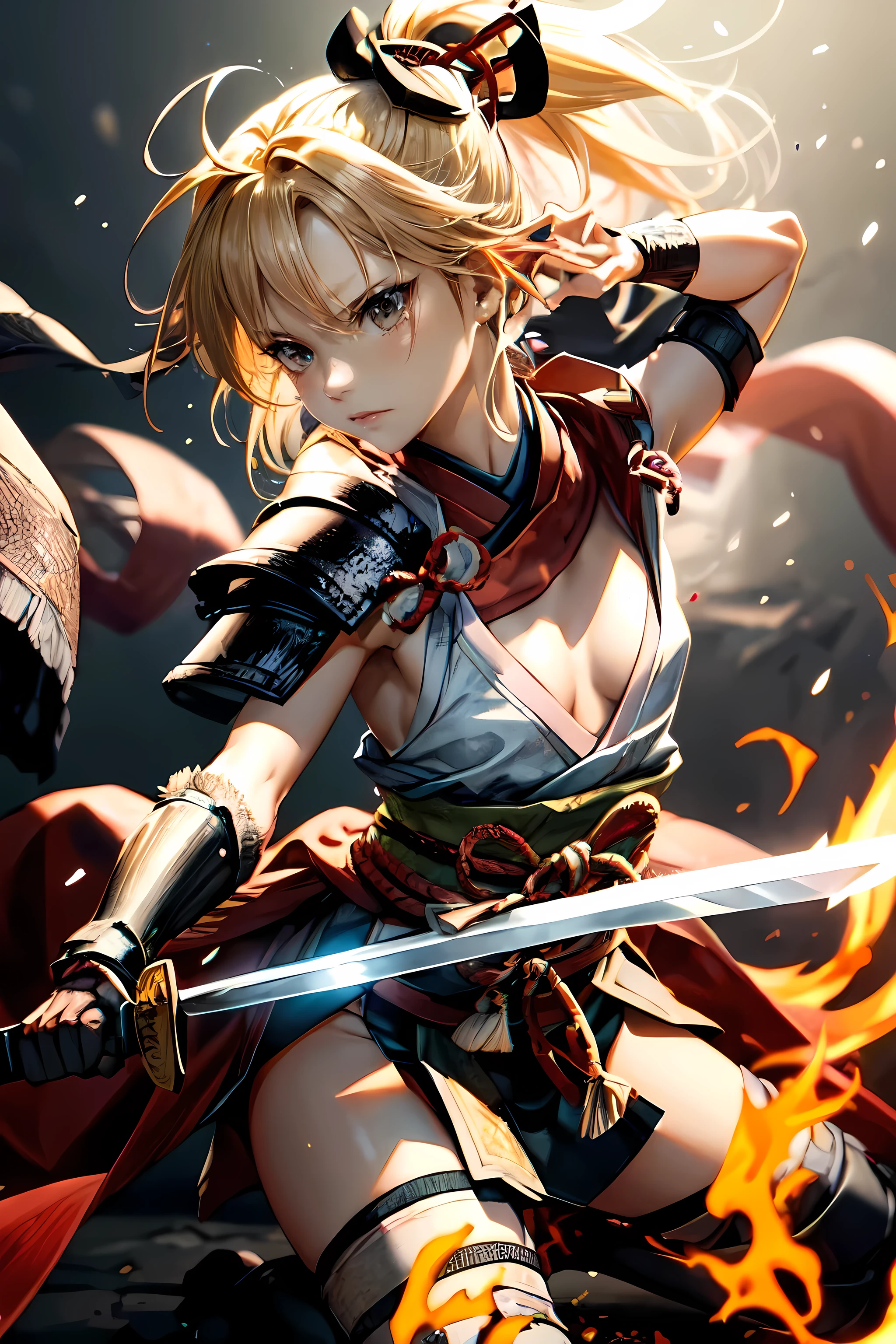 One Girl,anime,Anatomically correct, A series of character actions,,ponytail, masterpiece, Textured Skin, Action Painting, Heavy makeup, Brown Skin,Perfect Face,Perfect Eyes,Samurai,samurai,Sengoku Warlordsの鎧,Waist Armor,A blow with a sword,Small breasts,Thin thighs,Combat with enemies,Calm expression,Flame Attribute,Yellow Hair,Sengoku Warlords,Battle of Sekigahara,Glowing sword effect