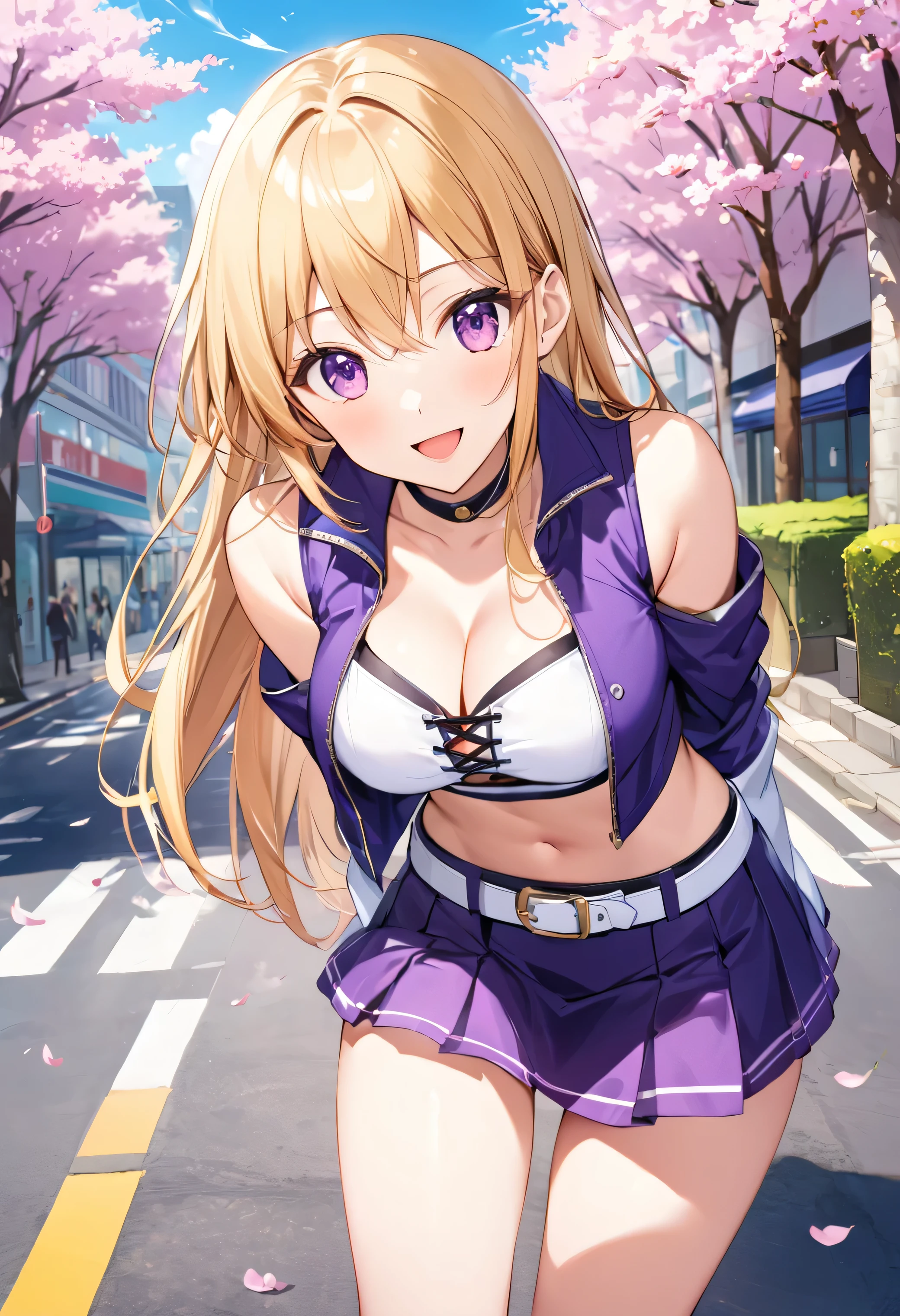 score_9, score_8_up, score_7_up, score_6_up, score_5_up, score_4_up, source_anime, aamai, long hair, blonde hair, purple eyes, breasts, cleavage, crop top, white shirt, cross-laced clothes. cropped jacket, purple jacket, open jacket, sleeveless, detached sleeves, white sleeves, midriff, white belt, miniskirt, purple skirt, thighs, arms behind back, leaning forward, standing, outdoors, open mouth, cherry blossoms, smile, city, road,