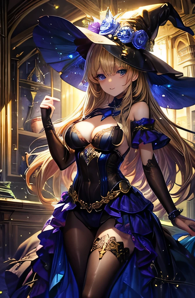 anime girl, wearing expensive witch hat and dress, slightly revealing clothes,slight smile, magical forest background, masterpiece, 8k, detailed face, detailed eyes, big breast, hourglass figure, golden ration body, perfect body, fitting face