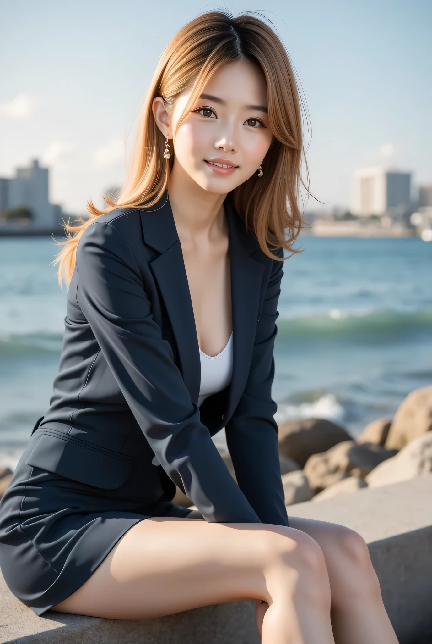 Best Quality, Realistic, Super detailed, finely, High resolution, 8K wallpaper, 1 beautiful Japanese woman,, Light brown messy hair, Wearing a business suit,Wear a side slit mini skirt、 Detailed and beautiful eyes, Thin Hair, Beautiful legs、talk、Sitting on the breakwater